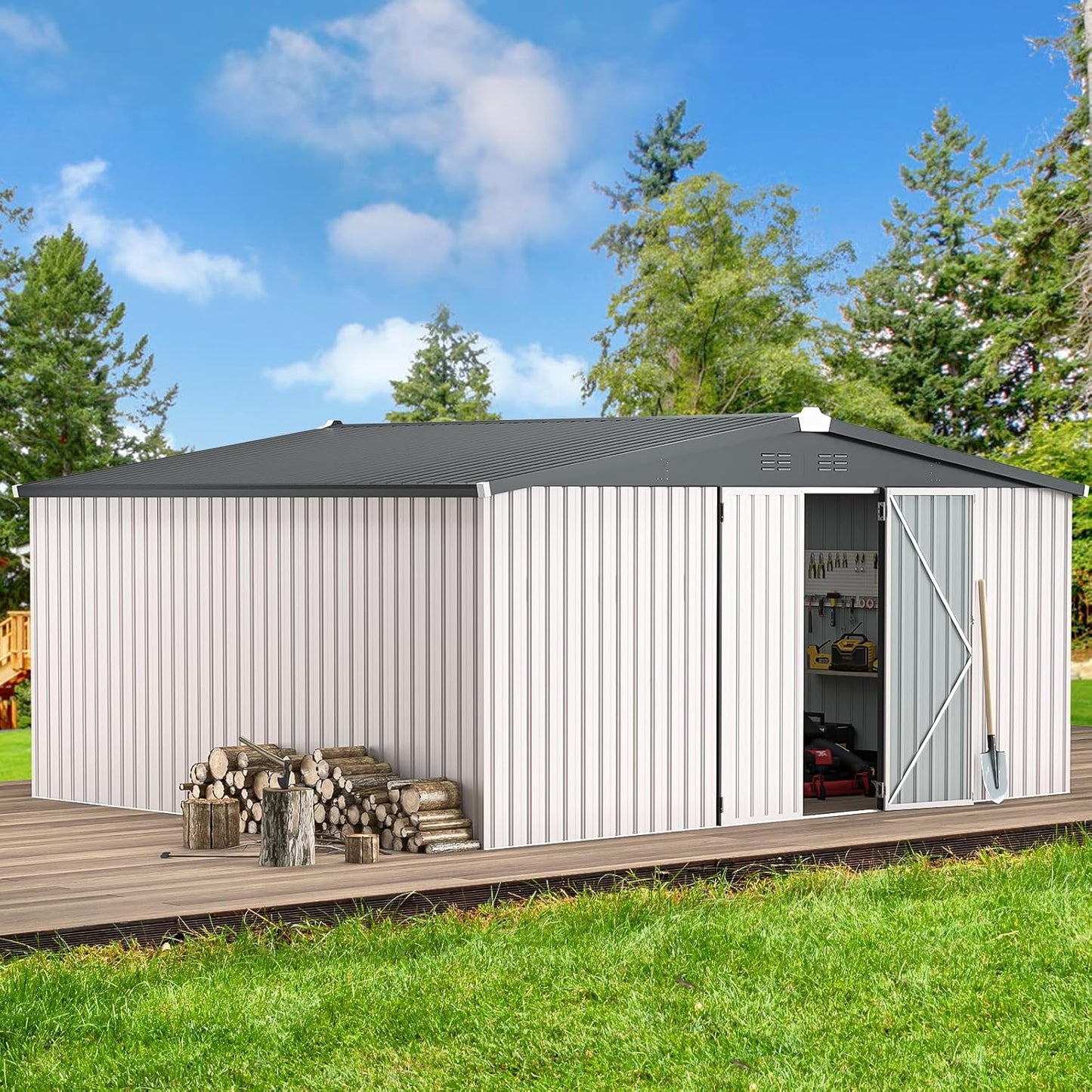 U-MAX Storage Shed 14x12 Outdoor Shed, Large Metal Outside Storage Garden Sheds & Outdoor Storage Shed Clearance, 12x14 Tool Shed Outdoor Storage Lockable for Backyard, Patio and Outside Use in White