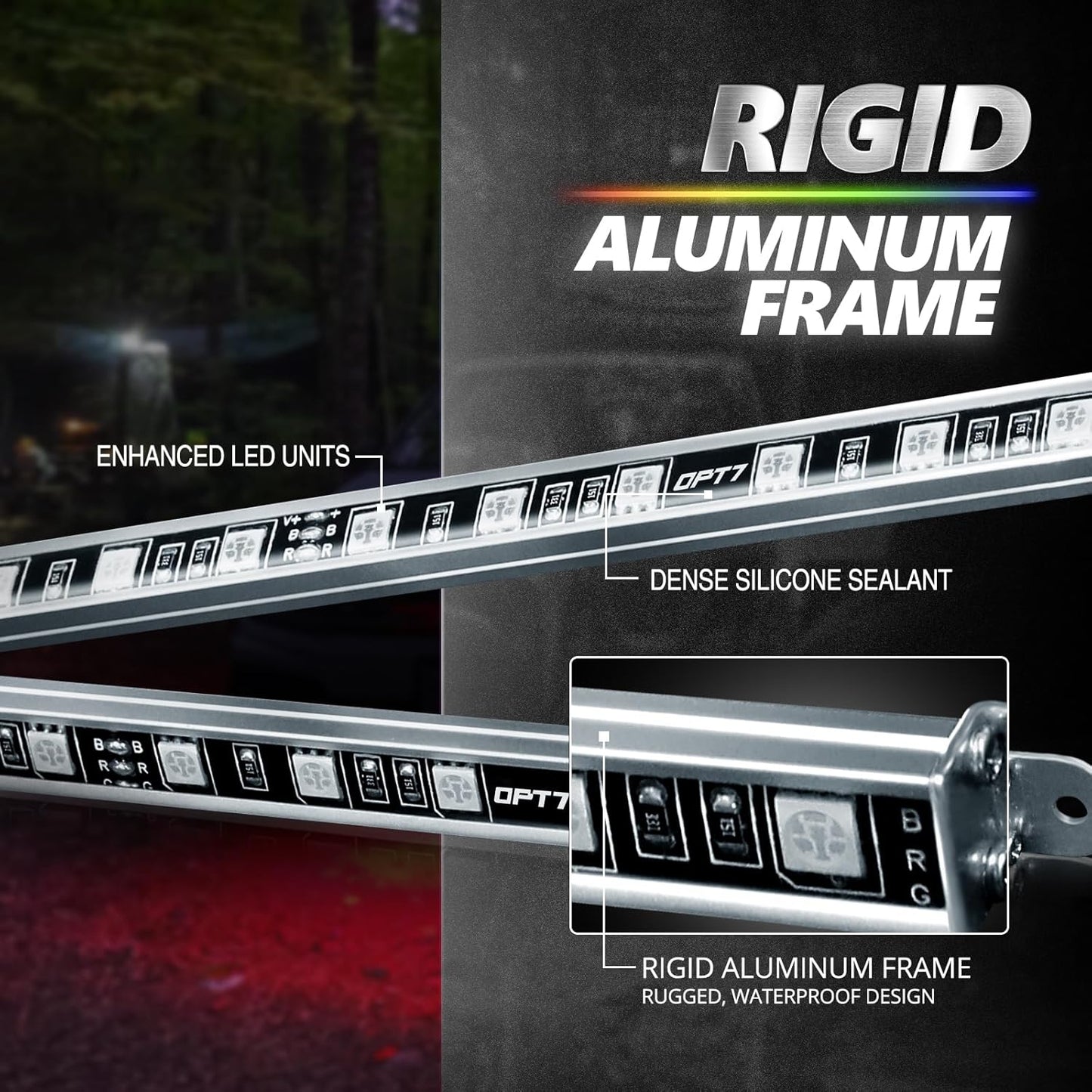 OPT7 Aura Pro Rigid RGB LED Underglow Kit for Trucks Trailers Pickups with App & Remote Control, Multi Colors Music Modes, 4 PCS Waterproof Aluminum Light Bars, Exterior Neon Under Car Lights