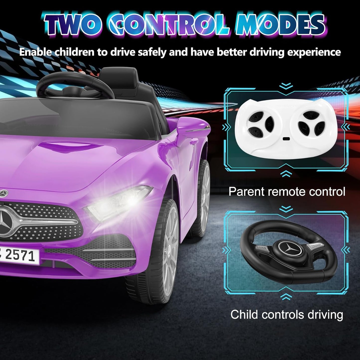 12V Kids Ride On Car with 2.4G Remote Control,Battery Powered Electric Car Ride On Vehicle Double Doors, 5 Point Safety Belt,LED Light (SC-Purple)
