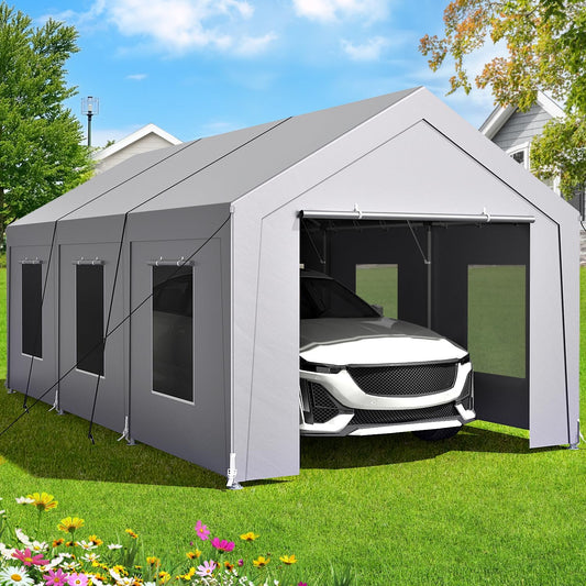 Carport 10x20 ft Heavy Duty, Car Port with Reinforced Steel Frame and 6 Roll-up Windows, Portable Garage with Sturdy Ground Nails, Waterproof All-Season Car Canopy for Boat, Truck, Grey