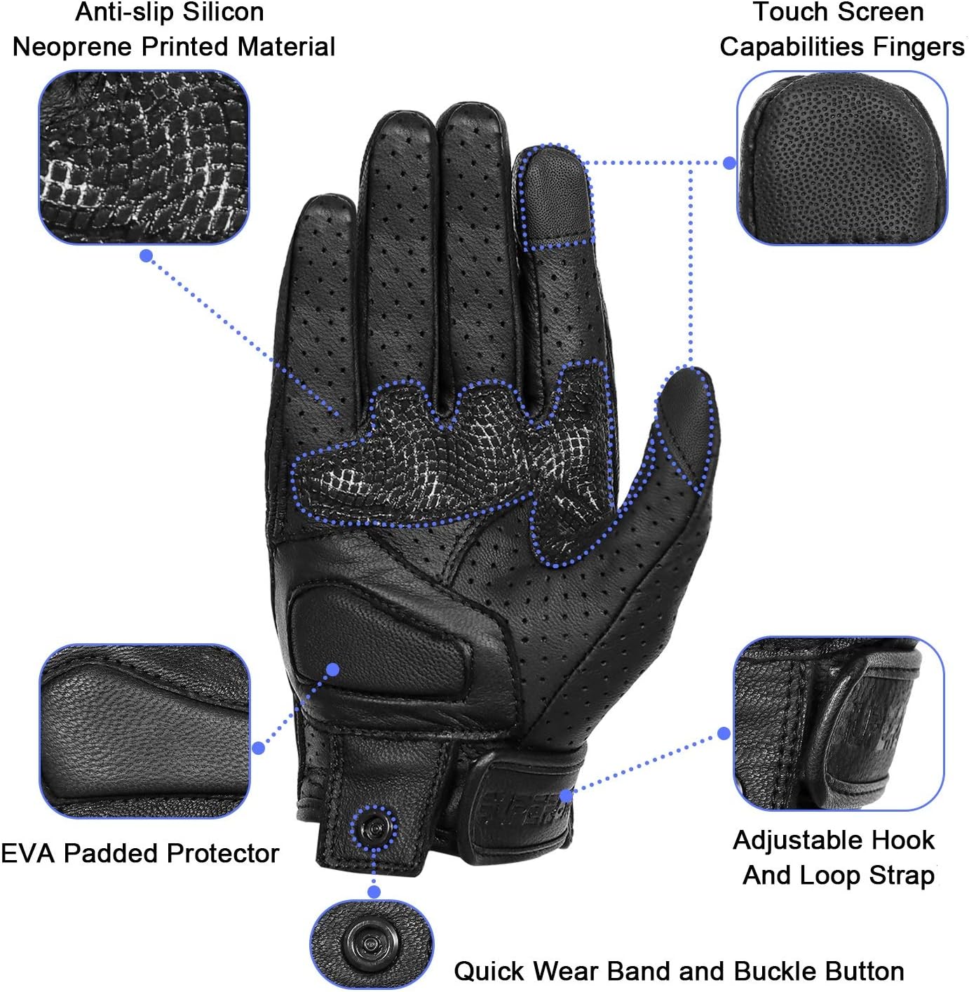 Updated Men’s Leather Motorcycle Gloves with Two Touchscreen Fingers Anti-Slip Motorbike Racing Gloves (Updated,Perforated, XXL)