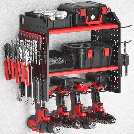 KAFAHOM Power Tool Organizer for Tool Storage, Drill Holder Wall Mount With 2 Side Pegboards, Metal Tool Shelf with 12 Hooks, Tool Organizers Storage Rack, Utility Cordless Drill Rack Red
