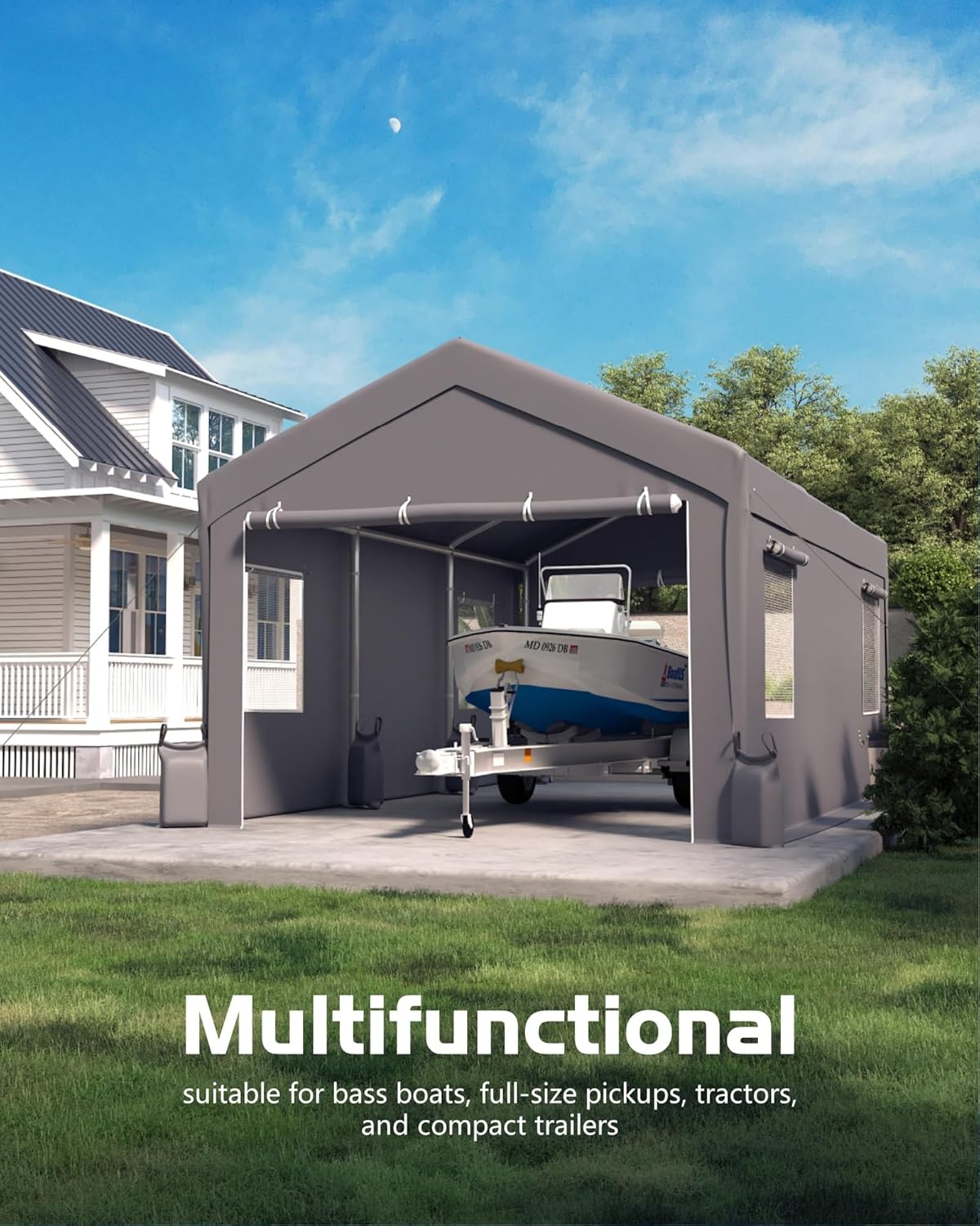 12x20 FT Carport, Heavy-Duty Portable Garage with 200G Canopy Top and 200G Sidewalls, with Sandbags and Ground Stakes for Outdoor Shelter, for for All Kinds of Vehicles, Grey