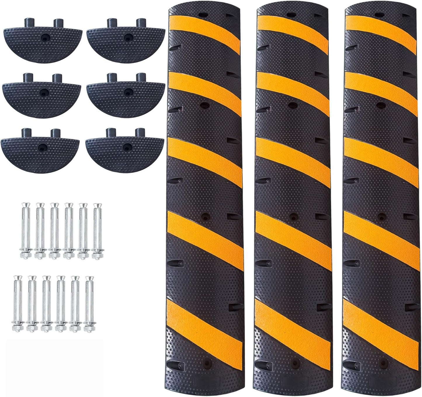 3 PCS 6FT Speed Bumps Wite End for Road, Heavy-Duty 25,000 Lbs Capacity Traffic Rubber Speed Humps with 2 Channel Floor Cord Cover for Asphalt Concrete Gravel Driveway Road (3)