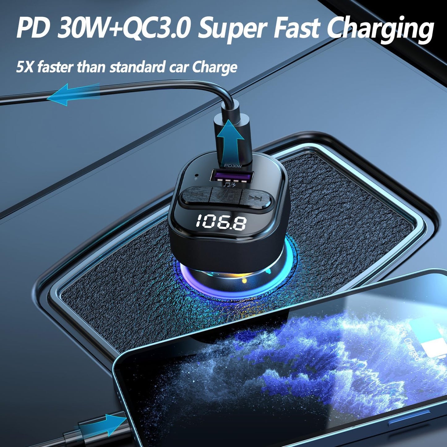 Bluetooth 5.3 FM Transmitter for Car, Bluetooth Car Adapter with Type-C PD(30W) Charger and QC3.0 USB Port, Wireless FM Radio Transmitter, Support MP3 Player, Handsfree Calling, LED Backlit,U Disk