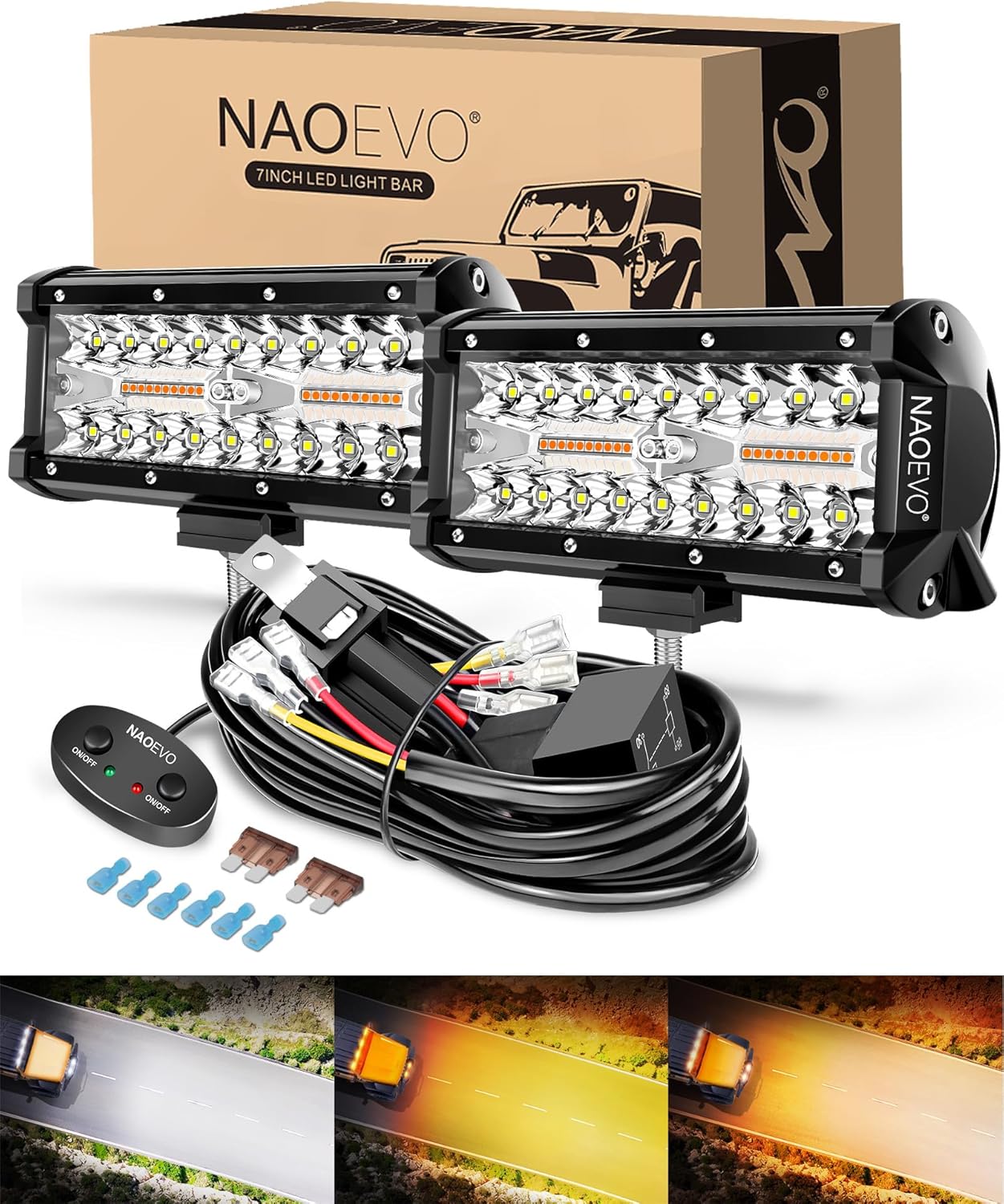 NAOEVO 7 Inch Light Bar, 240W 24,000LM Offroad Fog/Driving Lights LED Pods with 2 Leads Wiring Harness, Spot Flood Combo LED Work Lights for Truck Boat UTV ATV, 2-Pack (White/Amber/White&Amber)