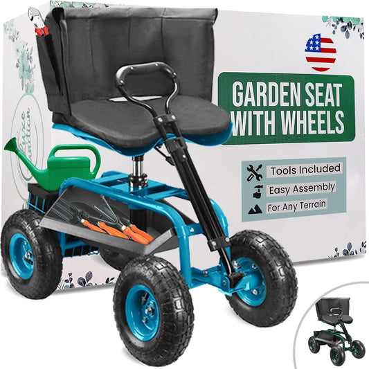 Garden Seat with Wheels – Adjustable 360° Swivel Gardening Stool with Hydraulic Height Adjustment, Ergonomic Backrest, and Tool Storage – Rolling Stool for Garden, Yard, and Outdoor Use