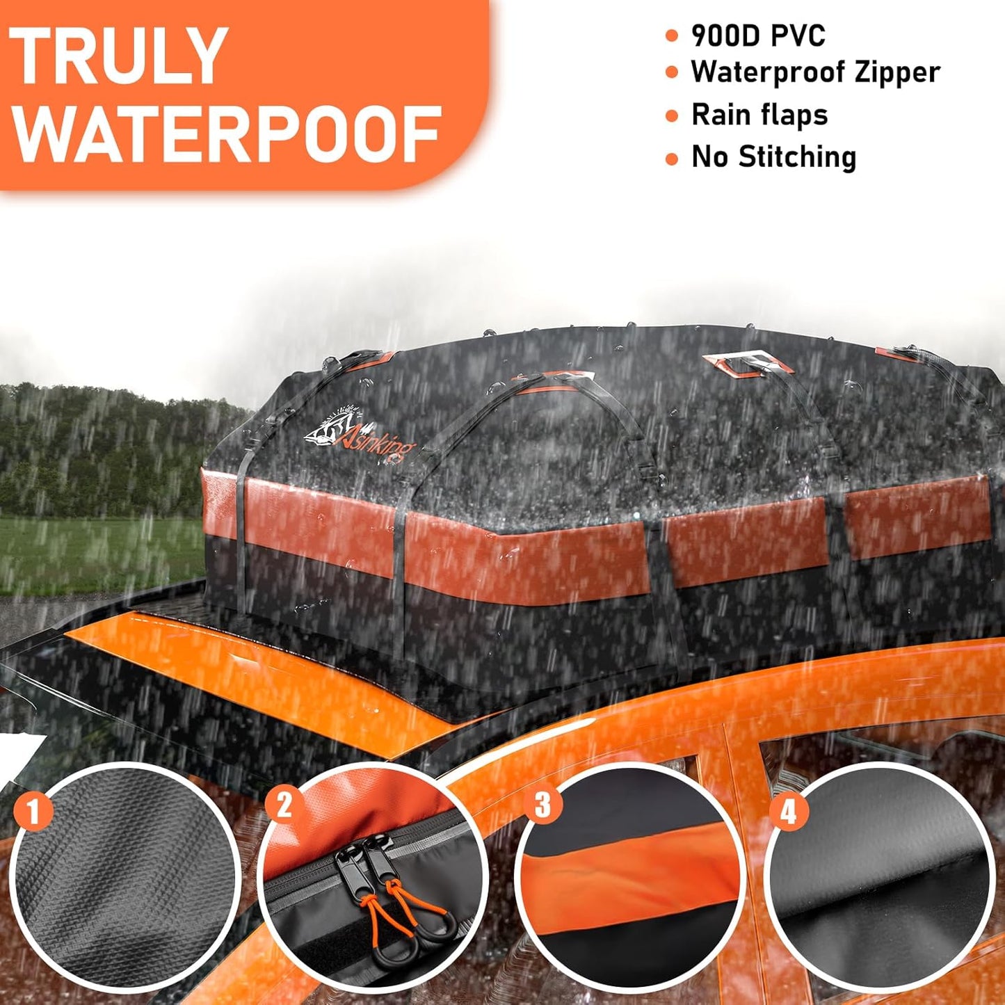 Asinking Car Roof Bag Rooftop top Cargo Carrier Bag 15 Cubic feet Waterproof for All Cars with/Without Rack, Includes Anti-Slip Mat, 10 Reinforced Straps, 6 Door Hooks, Luggage Lock