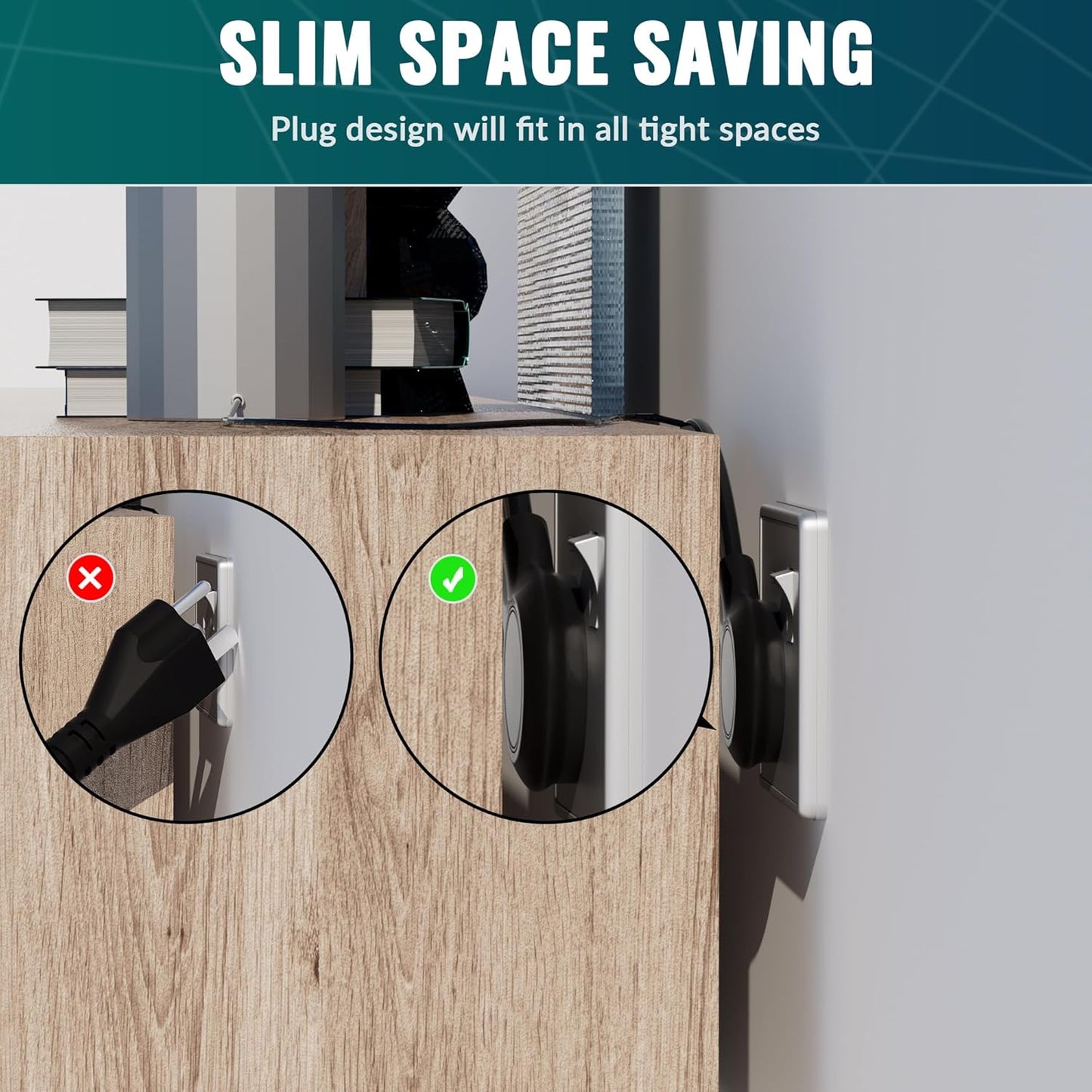 Elecan Flat Plug Extension Cord 15 Ft with Slim Space-Saving Plug Design, Thin Flat Cable Low Profile Power Cord 3 Prong Grounded Wire, 16 Gauge 13 A/125 V-Black-ETL Certified