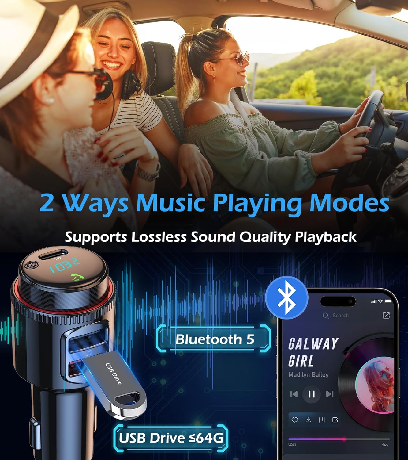 Bluetooth Car Adapter, Wireless AUX FM Transmitter, USB C&QC3.0 Dual Fast Charging, Cigarette Lighter Radio Music, Supports Hands-Free Siri Google Assistant & USB Drive, HiFi Bass Sound