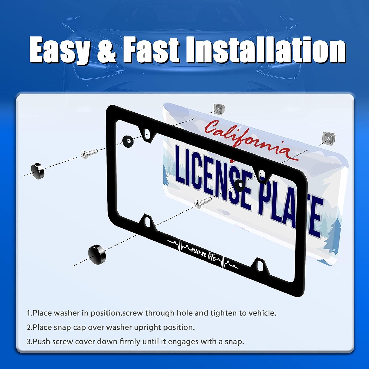 Nurse Life License Plate Frame Beautiful Text License Plate Stainless Steel Parts Funny License Plate Decorative with Screws Size 12.3" x 6.3" Men Women