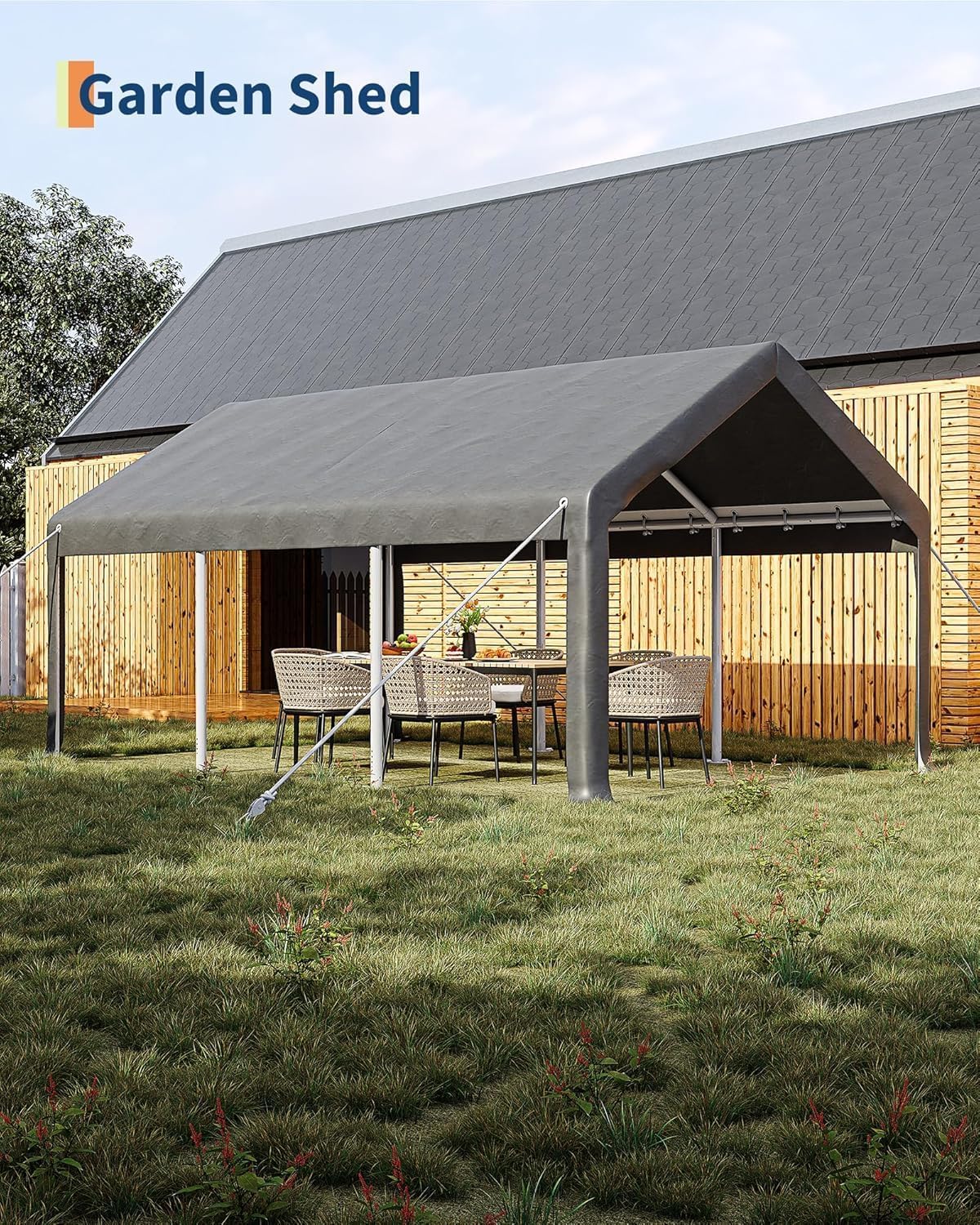 13 x 20ft Heavy-Duty Carport Canopy with Roll-Up Windows & DoorsThickened Wind Ropes, Ground Nails, Portable Car Tent Garage for Cars, Trucks, Boats, 180G Durable Tarp Cover,Grey