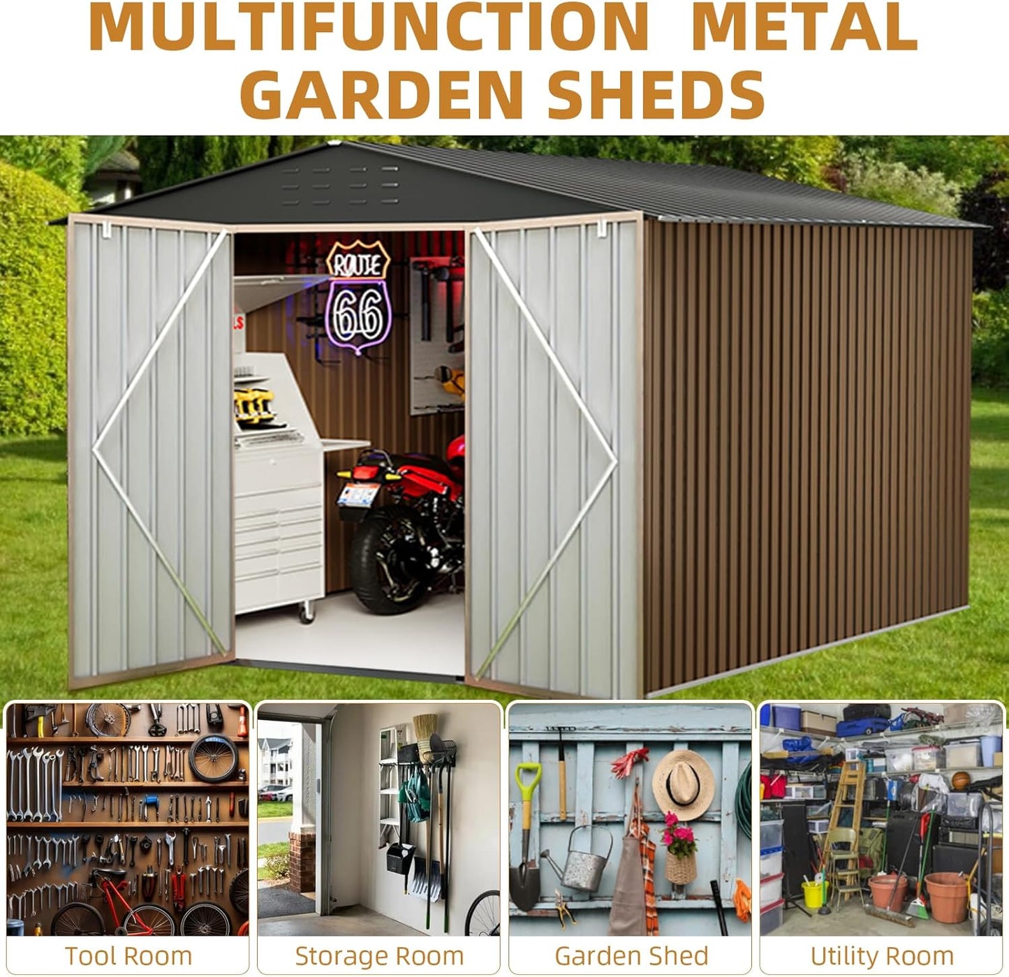 Outdoor Storage Shed,8x8 FT Metal Garden Shed with Lockable Doors & Slooping Roof,Updated Reinforced Door,Tool/Bike Sheds for Backyard, Patio, Poolside,Garage