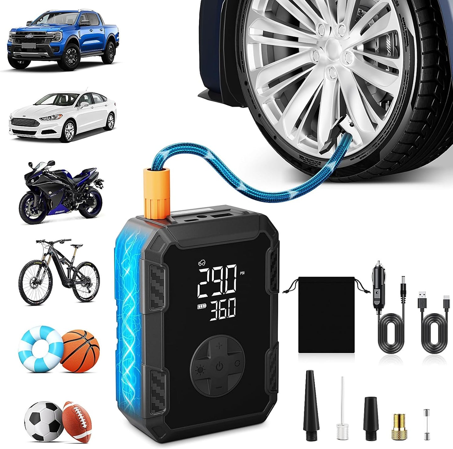 Tire Inflator Portable Air Compressor – Wireless & 12V Dual Power, Auto Shut-Off, Digital Display, Fast Inflation & LED Light, for Car, Bike, Sports & Travel
