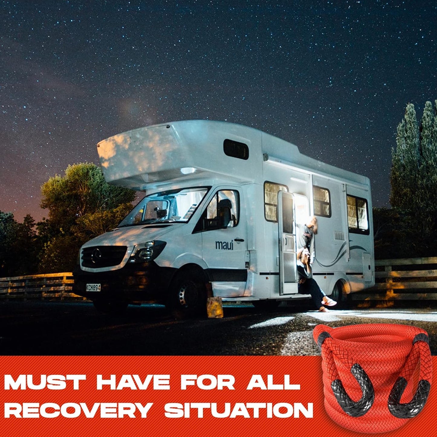 MiolleGear Heavy Duty Kinetic Recovery Tow Rope (Firecracker RED, 1-1/4"x30) (53000 lbs) with 2 Soft Shackle USA Spectra 9/16' x 10" (54000 lbs)