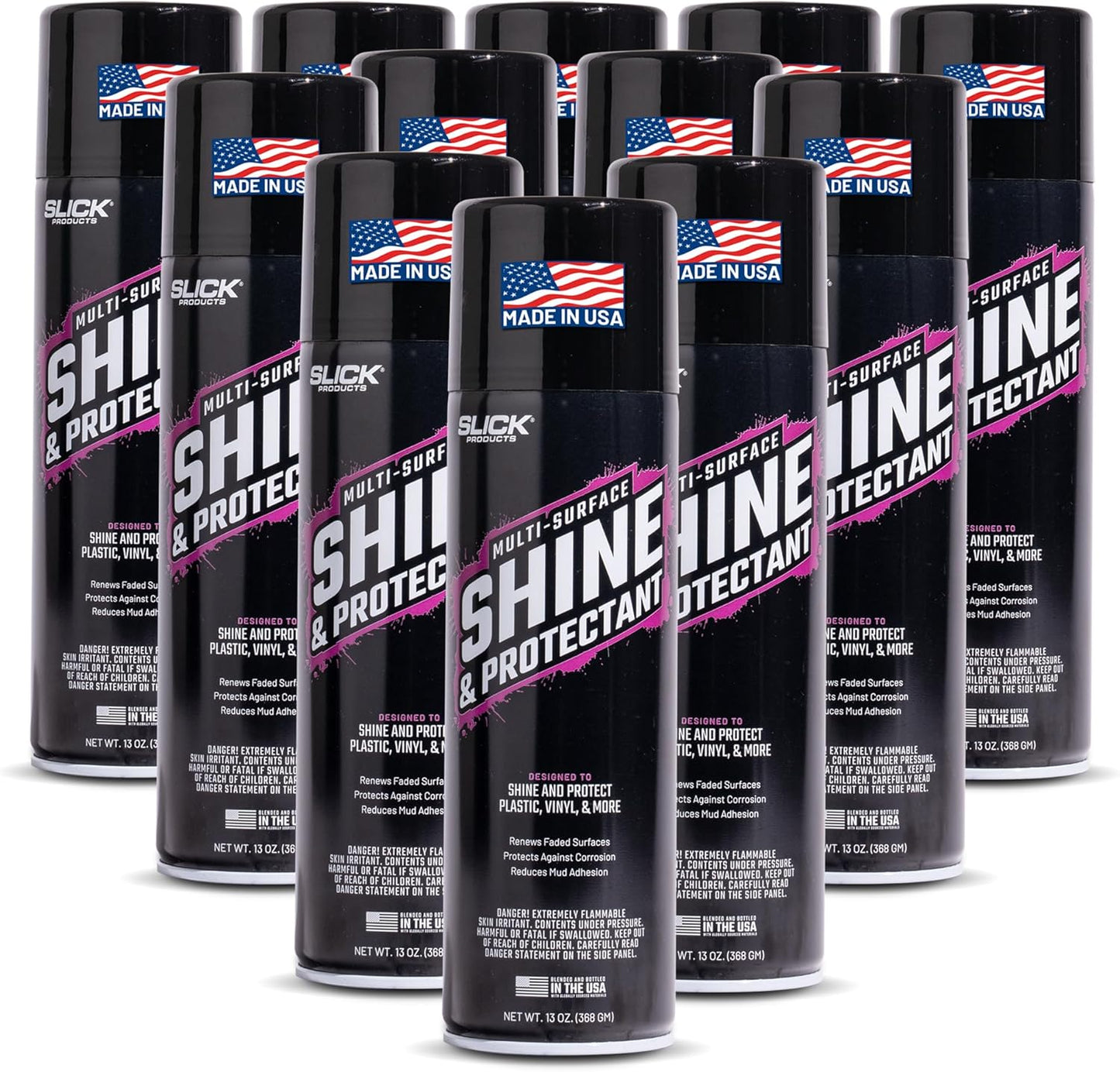 Slick Products Shine & Protectant, Long-Lasting High-Gloss Clear Coat Spray, Renew, Shine, and Protect Plastic, Vinyl, Rubber, Trim, and More (12-Pack)