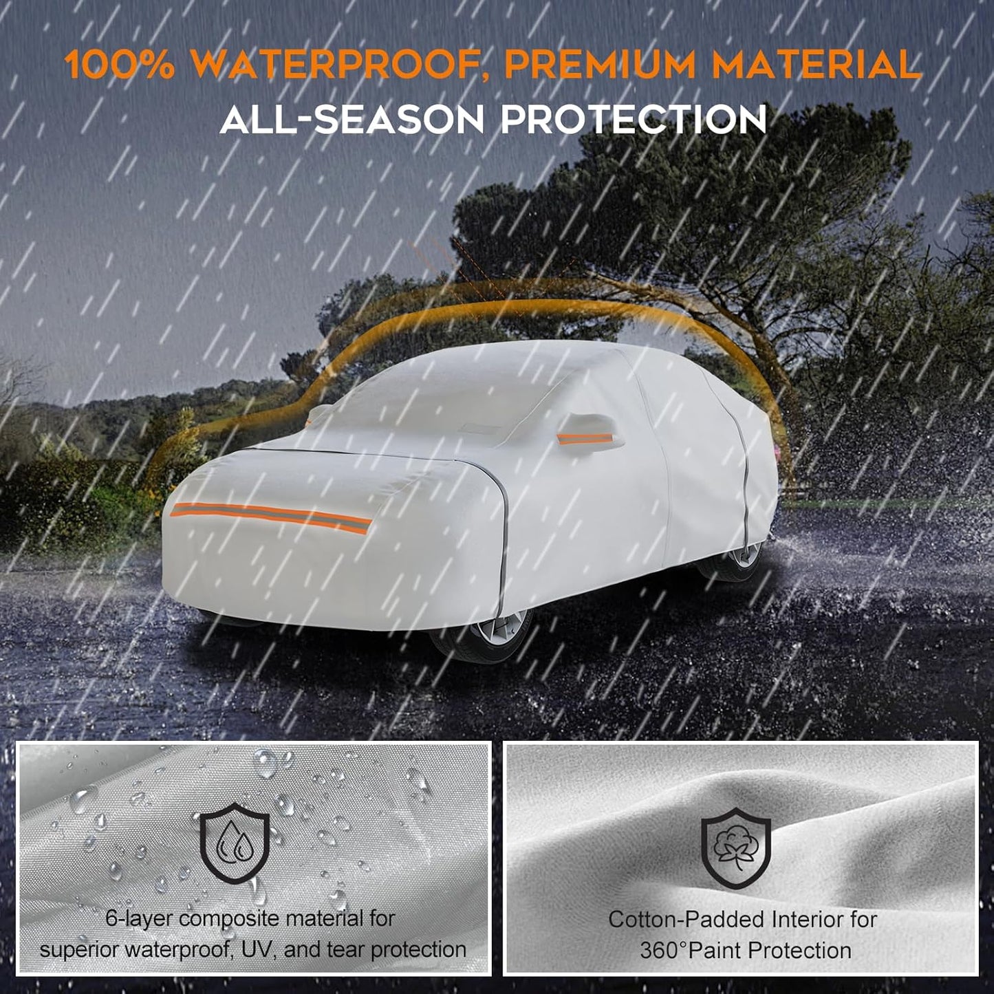 Waterproof Hatchback Car Cover: 6-Layer Protection from Rain, Snow, UV & Dust - Universal Fit up to 189 inches with Zipper Door & Windproof Straps for Outdoor, Garage, Travel Use,Silver