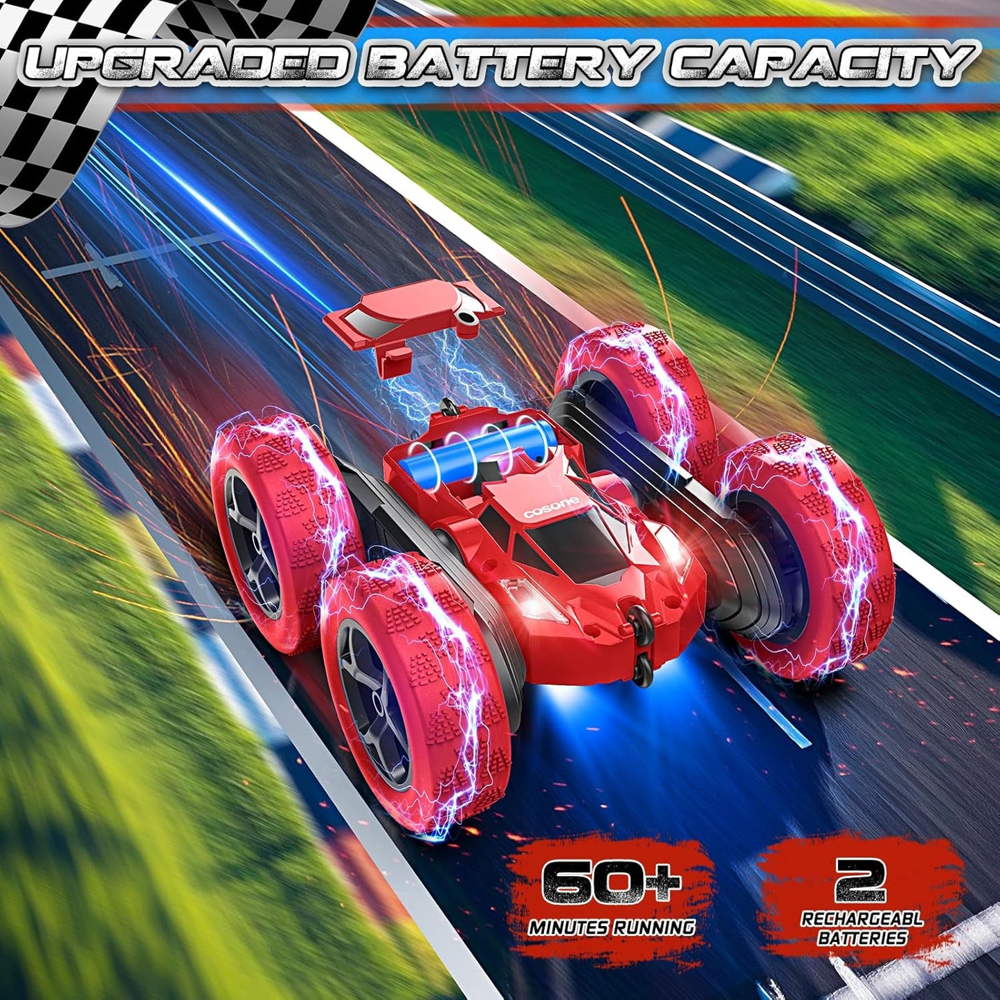 Remote Control Car for Boys - Car Toy for Kids Age 6 7 8 9, 4WD 2.4Ghz Double Sided 360° Rotating RC Cars with Headlights, Christmas Birthday for Boys and Girls - Red