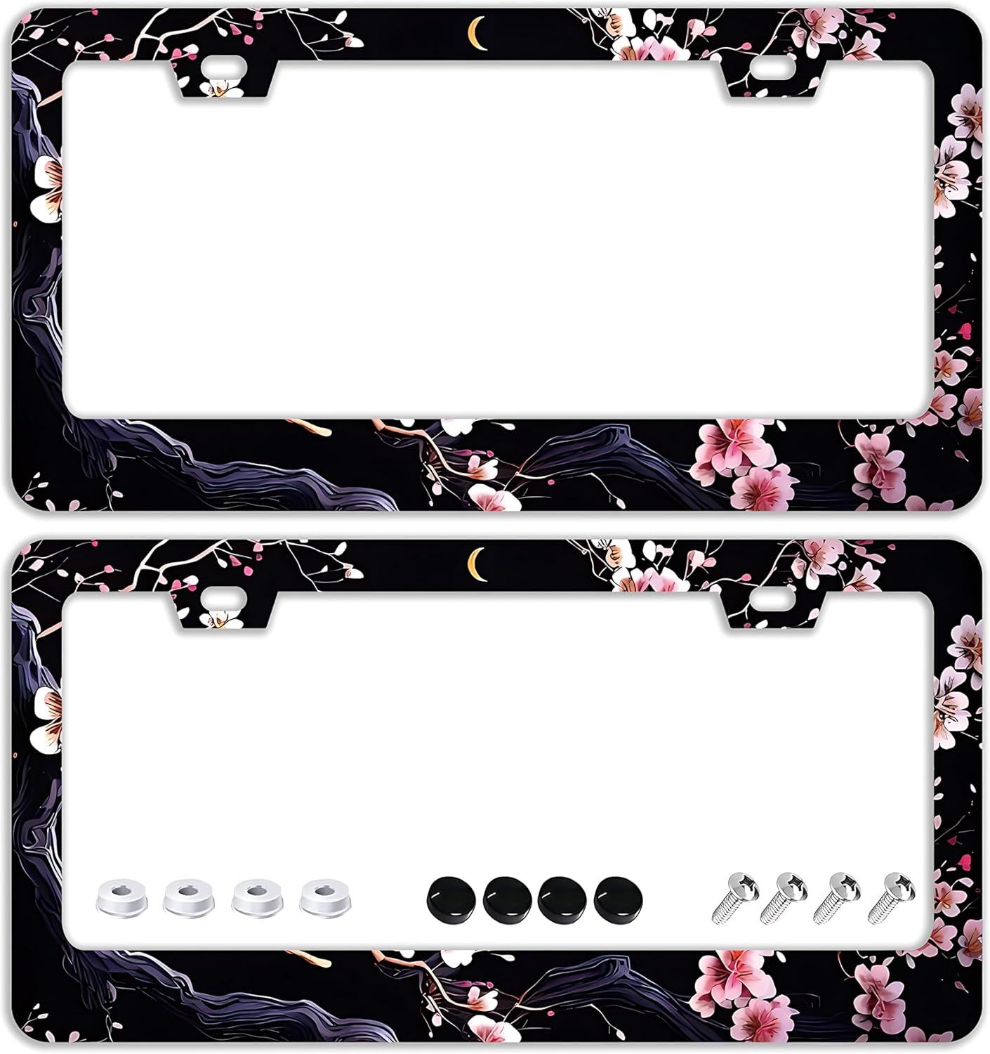 Watercolor Cherry Blossom License Plate Frames - 2 Pcs Set 2 Holes Stainless Steel Metal Auto Car Accessories Decoration License Plate Frame Cover Size 6.3" x 12.2" Fit US Vehicles for Women Men Gift