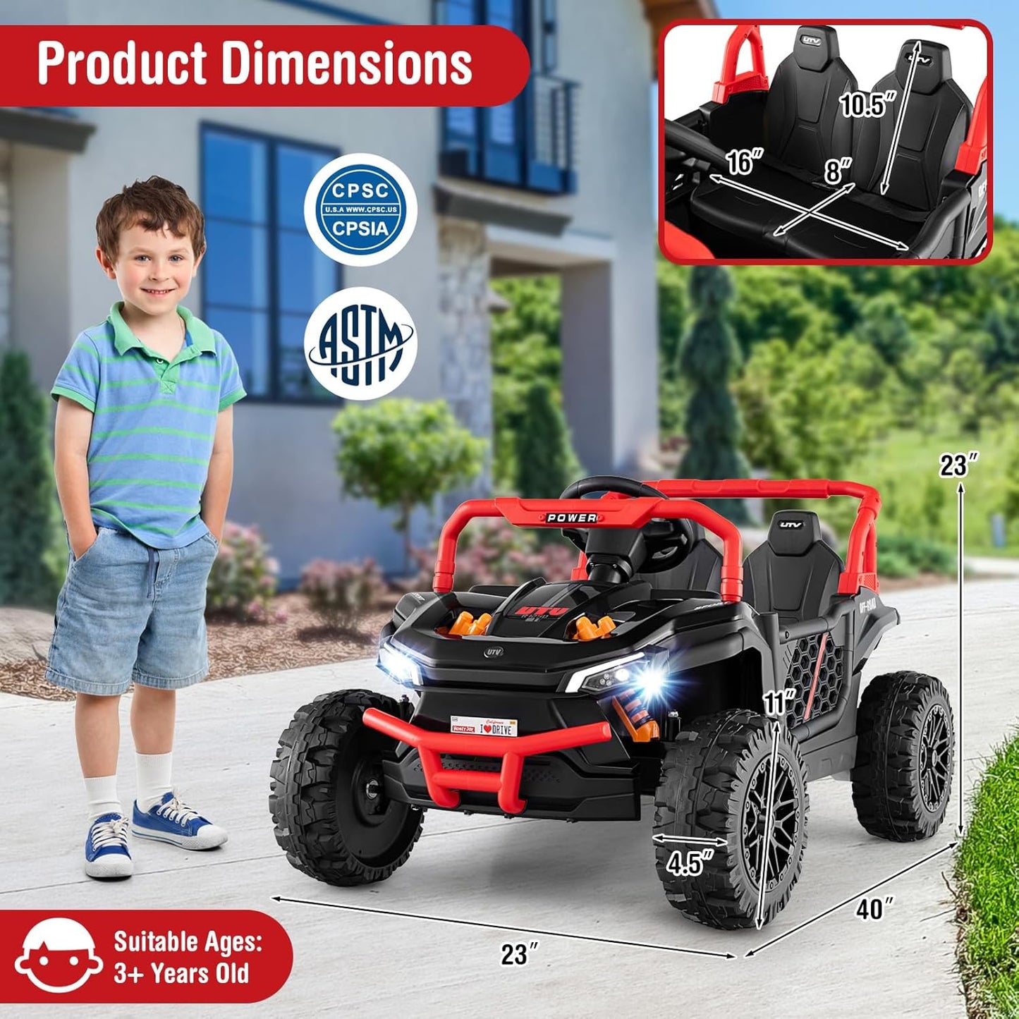 Costzon Kids UTV, 12V Battery Powered Electric Off-Road Car w/Remote Control, Sounds, Wireless Connection, 3 Speeds & 4-Wheel Suspension, Kids Ride on Truck, Gift for Boys & Girls 3+ Years Old (Black)