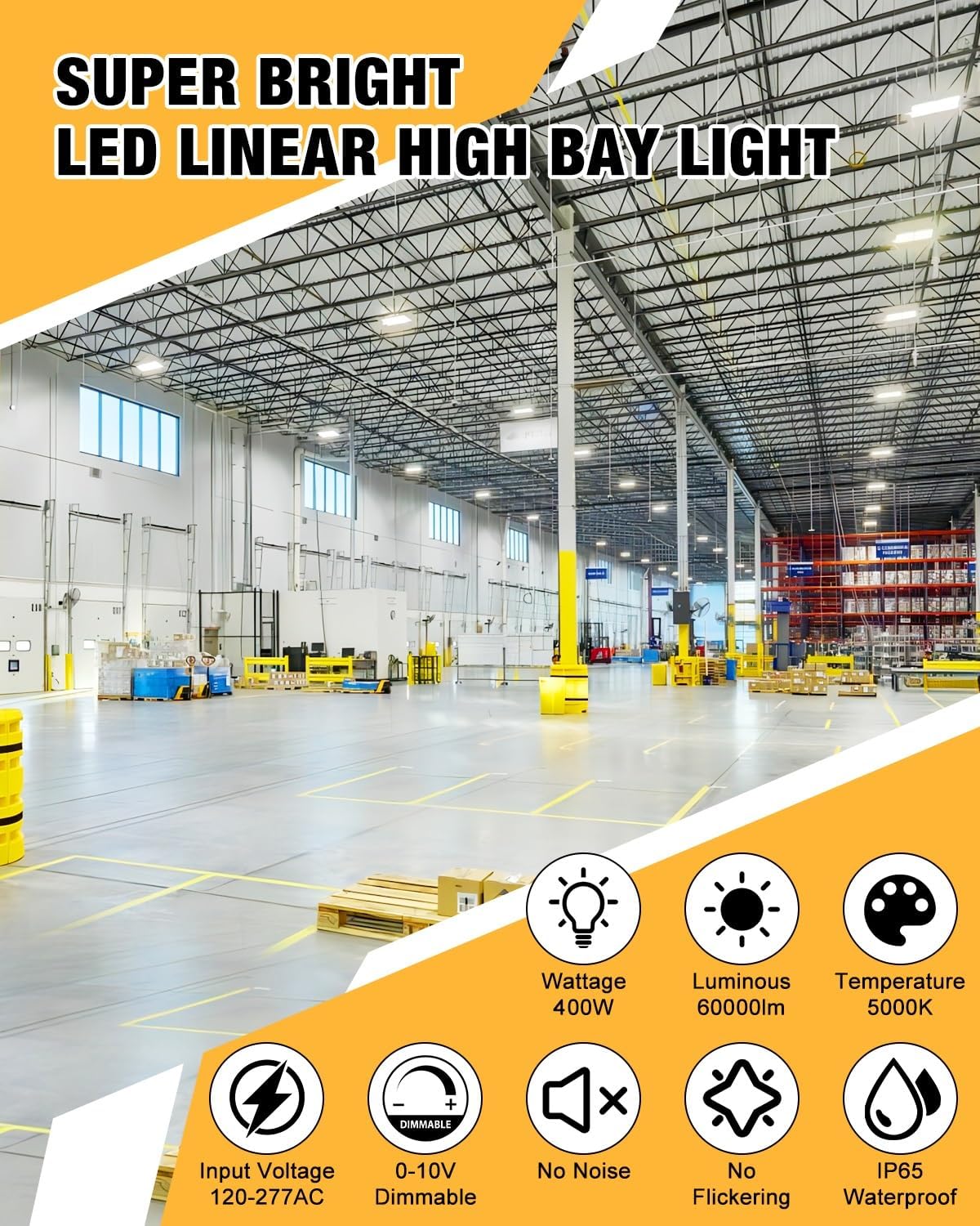 400W LED Linear High Bay Light, 60000LM Linear High Bay Shop Light Commercial 120-277V, 5000K for Warehouse, Garage Factory, UL Listed, 5 Years Warranty