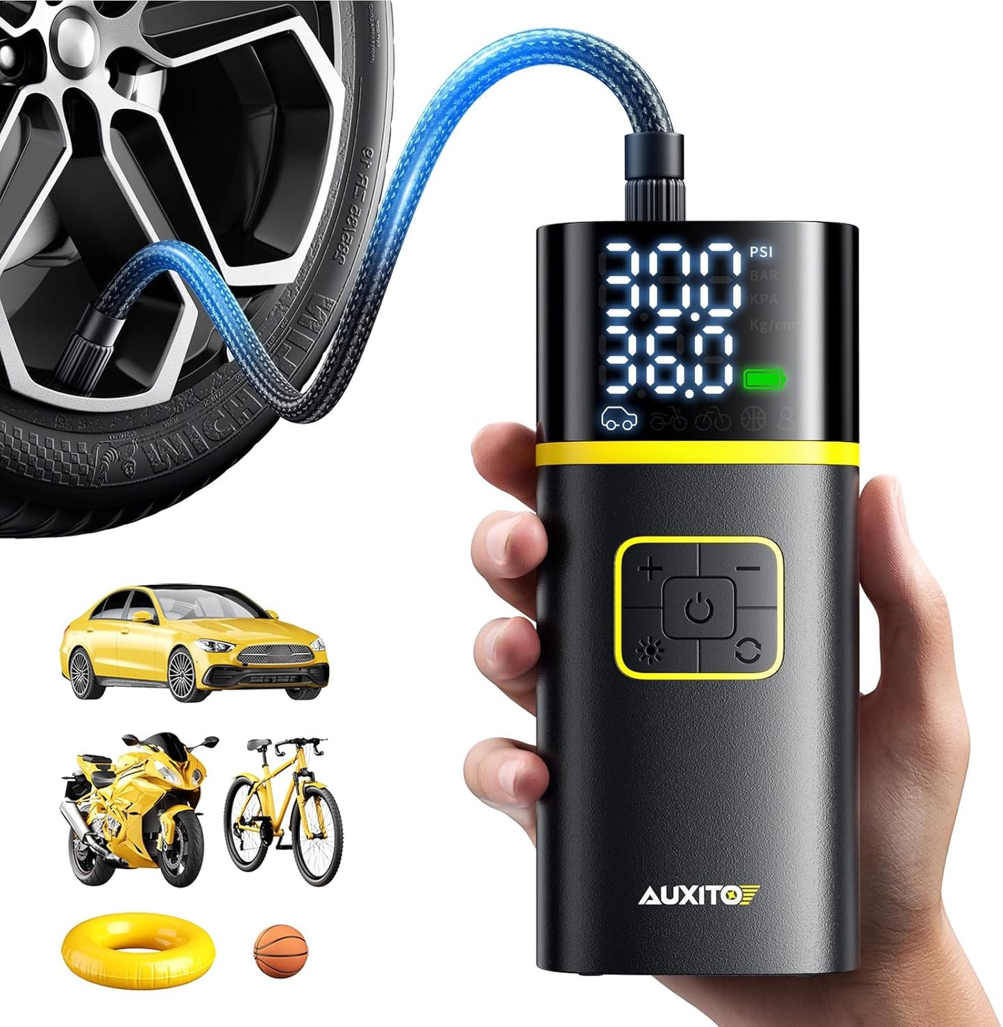 AUXITO Tire Inflator Portable Air Compressor - 150PSI 1Min Fast Inflate Air Pump for Car Tires with Tire Pressure Gauge, LED Flashlight, Portable Tire Inflatores for Car, Sedan, Motorcycle, Bike, Ball