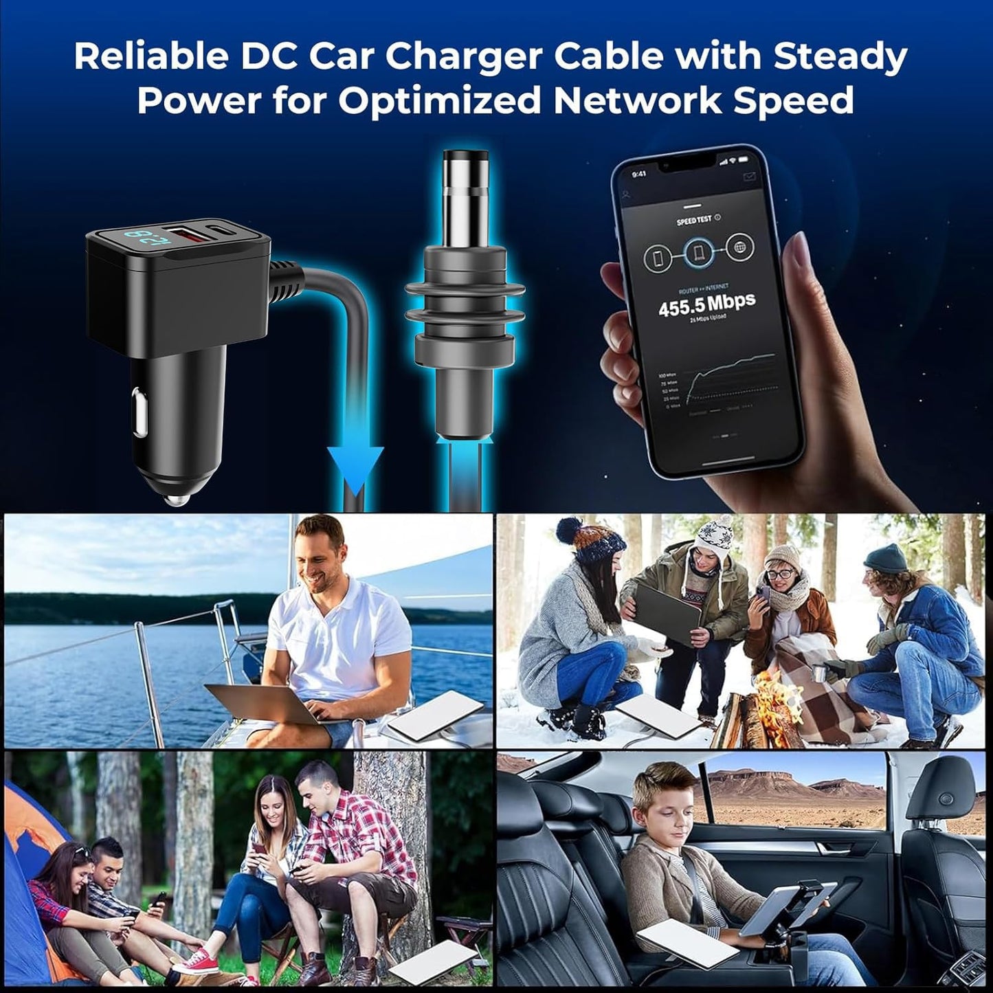 3 in 1 Starlink Mini Cable 10FT, Nolansend Starlink Mini Car Charger DC Power Cable+Cigarette Lighter Adapter 12V-48V with Digital Display, Durable USB C PD 36W/USB A 18W Ports for Trucks and Cars