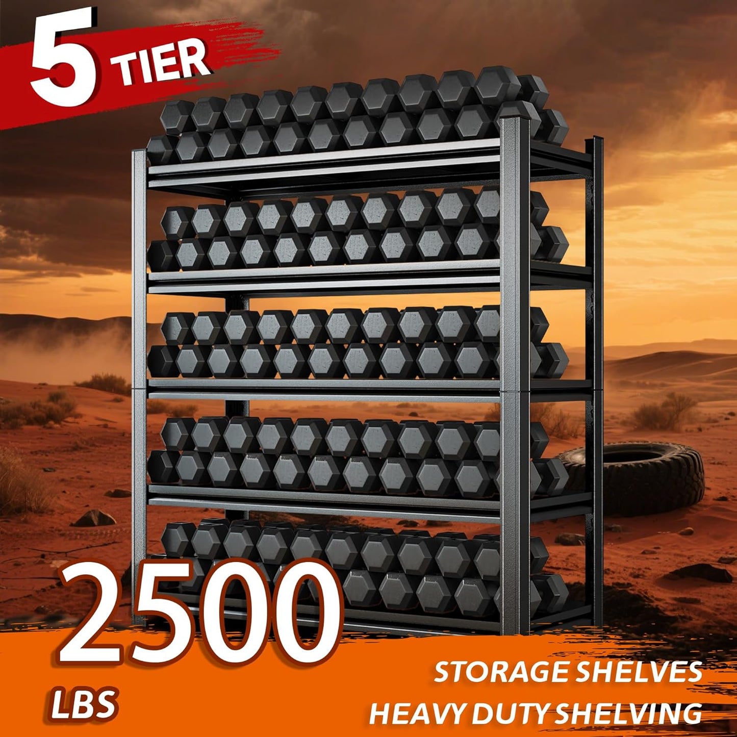 Heavy Duty 5-Tier Shelving Unit 2500LBS Capacity - Adjustable Steel Garage Shelves for Warehouse, Basement Storage(63''H x 39.4''W x 15.7''D)