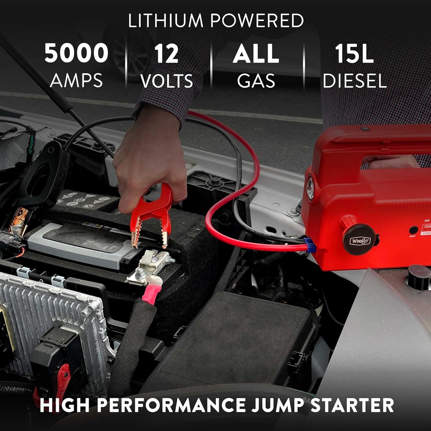 Weego 120 12V Jump Starter, 5000 Peak Amp / 1200 Cranking Amp, Smarty Clamp Jumper Cables with Battery Pack, All Gas & 15L Diesel Engines (C120)