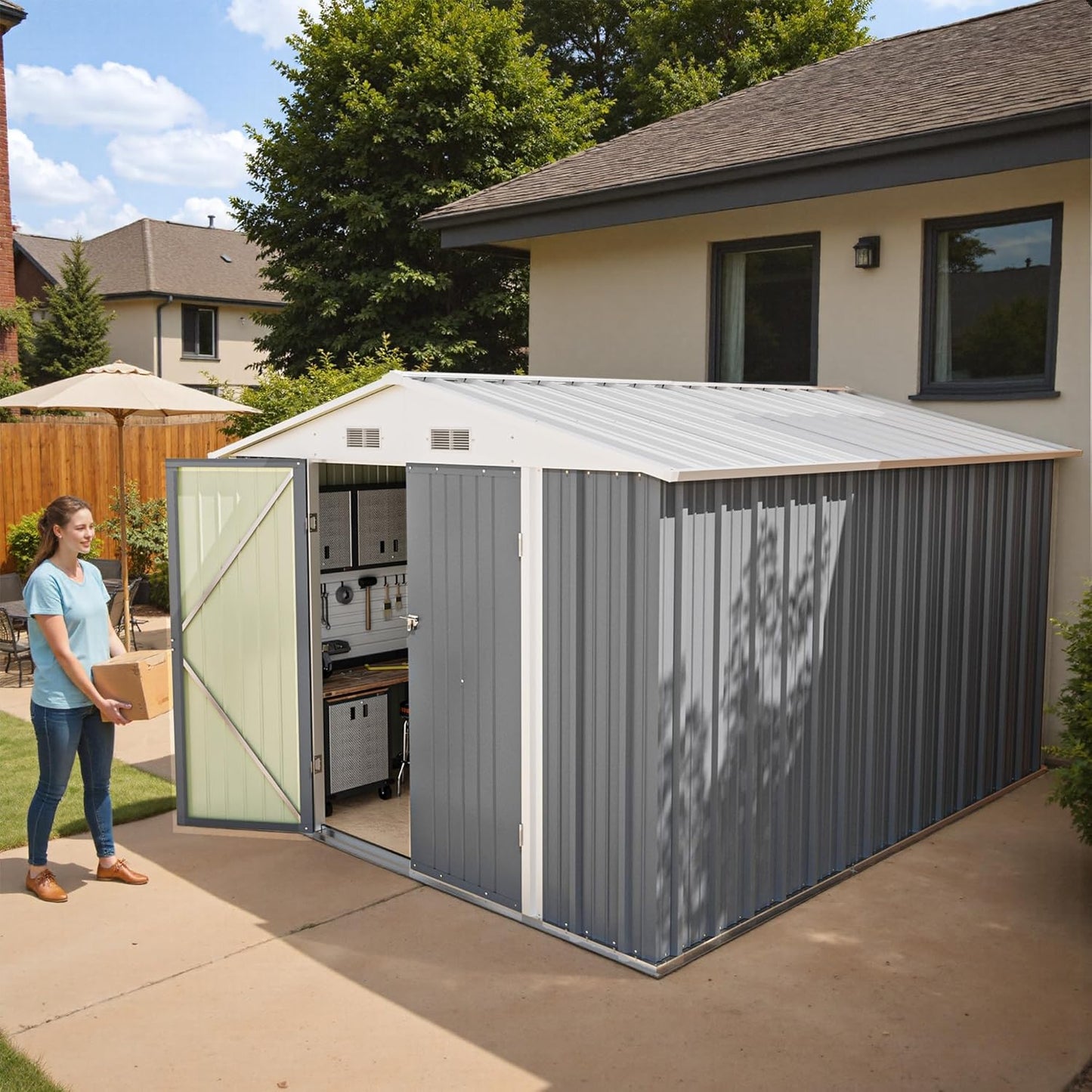 Greesum 8×10FT Outdoor Storage Shed, Metal Patio Storaged Sheds with Lockable Doors, Sheds & Outdoor Storage for Bike, Backyard, Pool and Garden, Gray