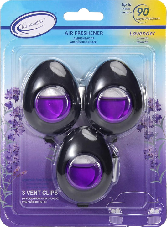 Air Jungles Car Air Freshener Vent Clip 3 Count, Lavender Scent, 4 ml Each, Long-Lasting Car Odor Eliminator, Easy Clip-On Design, Up to 90 Days Freshness for Cars, Trucks, and SUVs