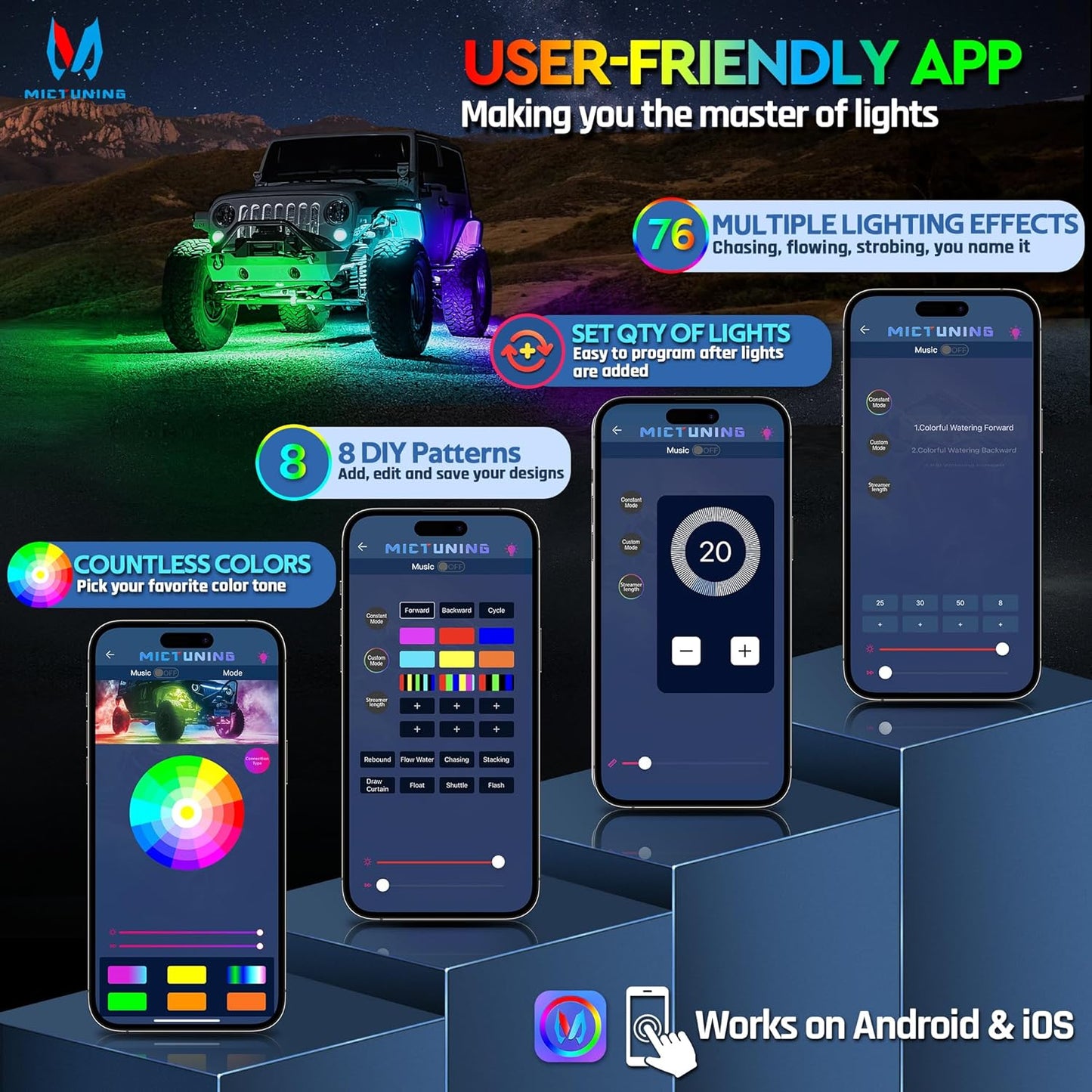 MICTUNING C2 Max RGB+IC Chasing Color LED Rock Lights - 2 pcs (Not inlcude Controller)