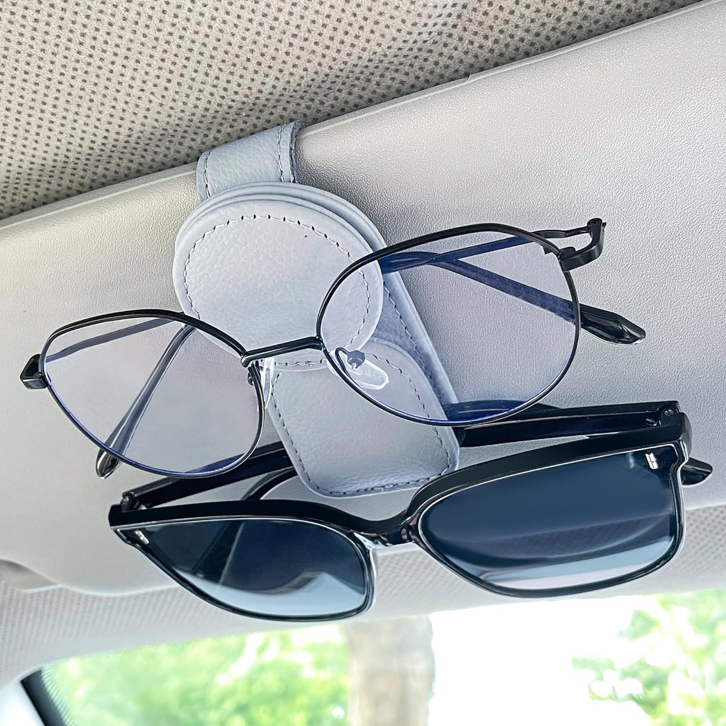 KIWEN Sunglasses Holder for Car Visor, Magnetic Leather Sunglass Eyeglass Hanger Clip for Car Sun Visor Accessories (1, Gray)