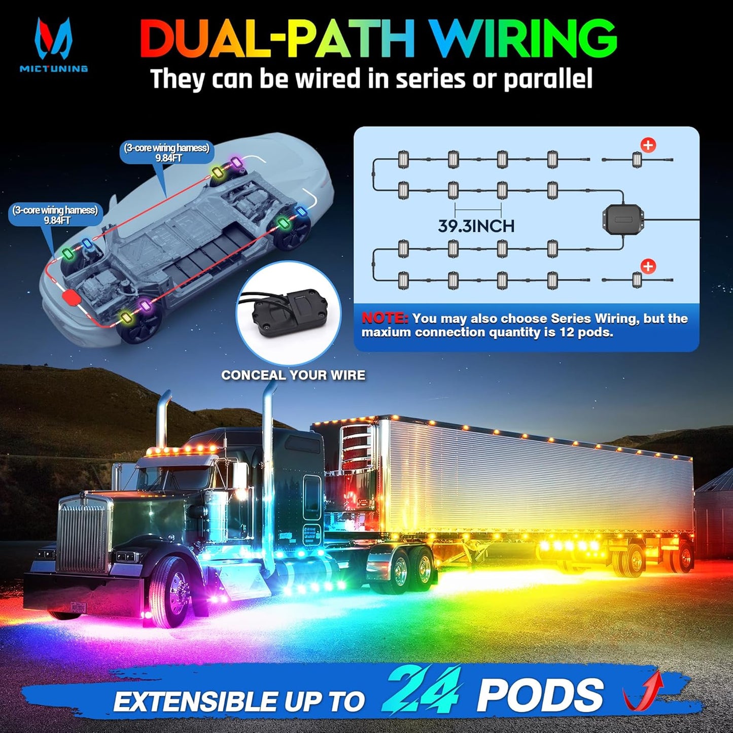 MICTUNING 2025 1000% Bright Q1 MAX RGB+IC Rock Lights, 20 Pods Chasing Dreamcolor Extensible Underglow Multicolor Neon Light Underbody Lighting Kit with APP Control for Truck ATV UTV Boat