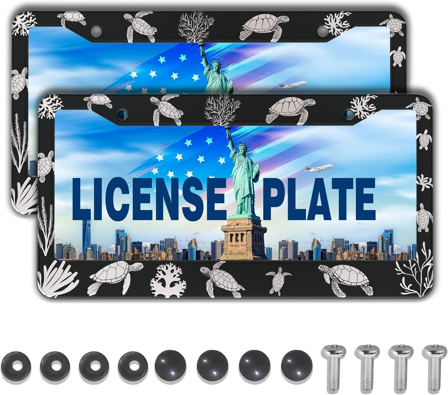 Automotive Exterior Accessories Black and White License Plate Frames Turtle Aluminum Metal Car Accessory 2 Pack with Screw Covers Set