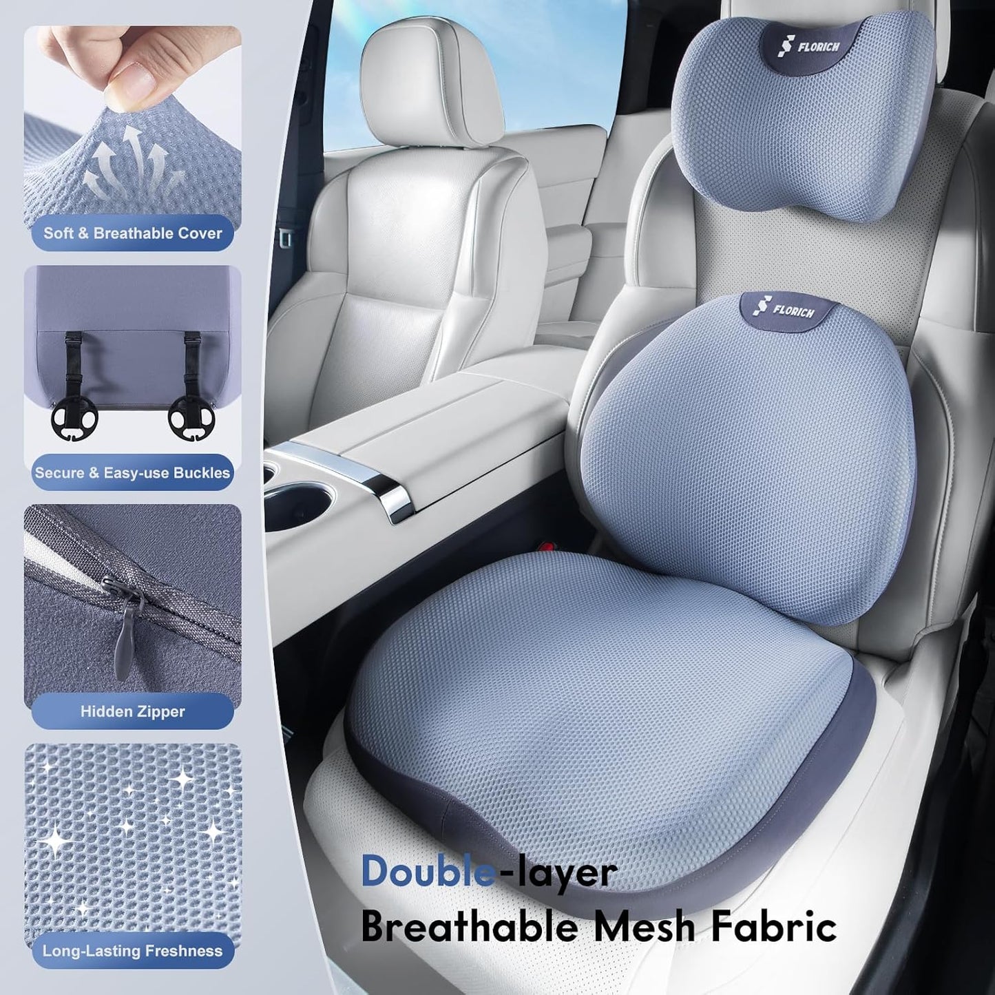 FLORICH Seat Cushion and Lumbar Support Pillow for Office Chair Car, Car Neck Pillow, Ergonomic Memory Foam Back Support for Office Gaming Chair Wheelchair, Relieves Neck, Back & Sciatica Pain – Blue