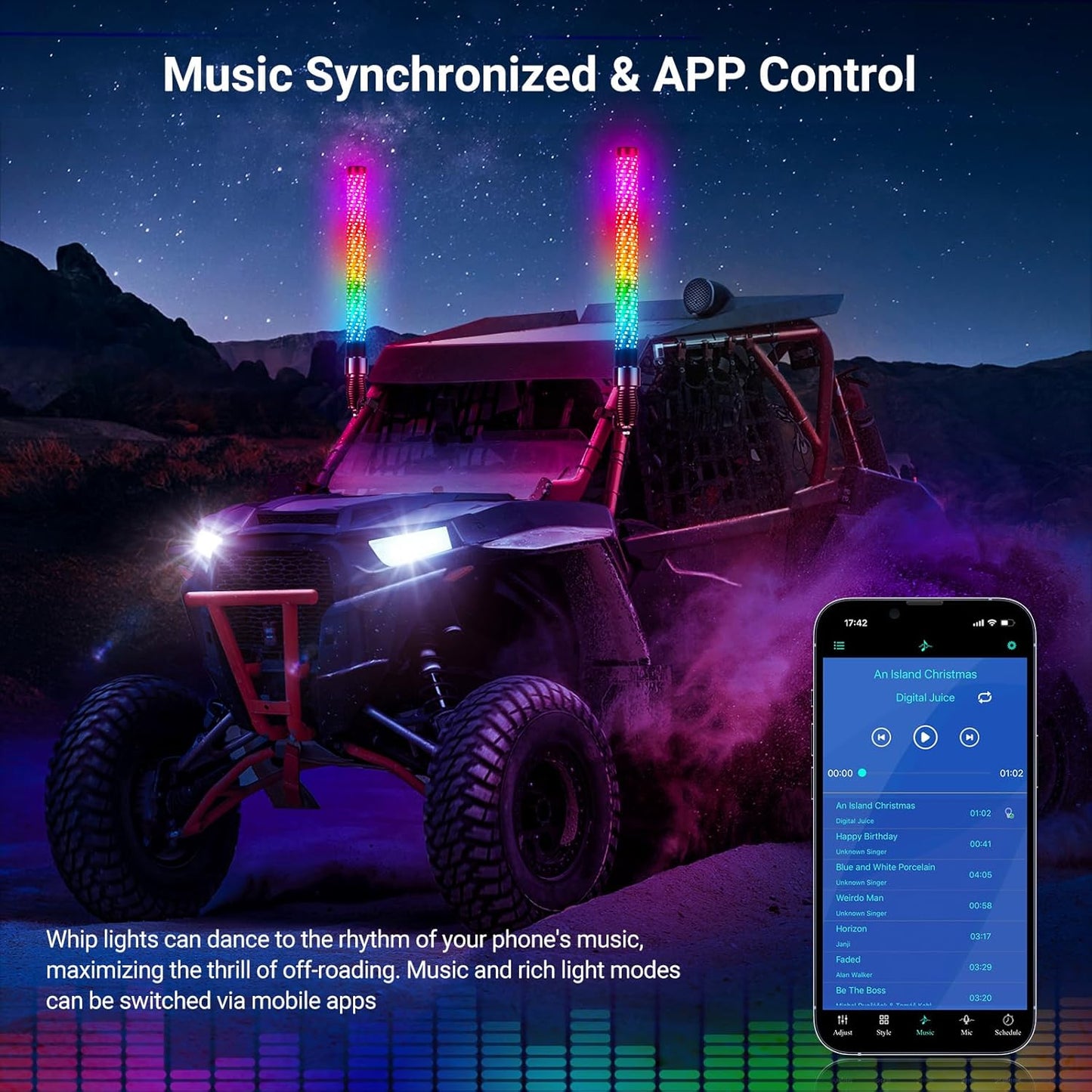 2PCS 1FT Fat Whip Lights for UTV ATV with Spring Base, Led Fatty Whip Light W/Rocker Switch & 6 Flags, Brighter Spiral Chasing Lighted Antenna Whip with APP & Remote Control for RZR SXS Can-Am