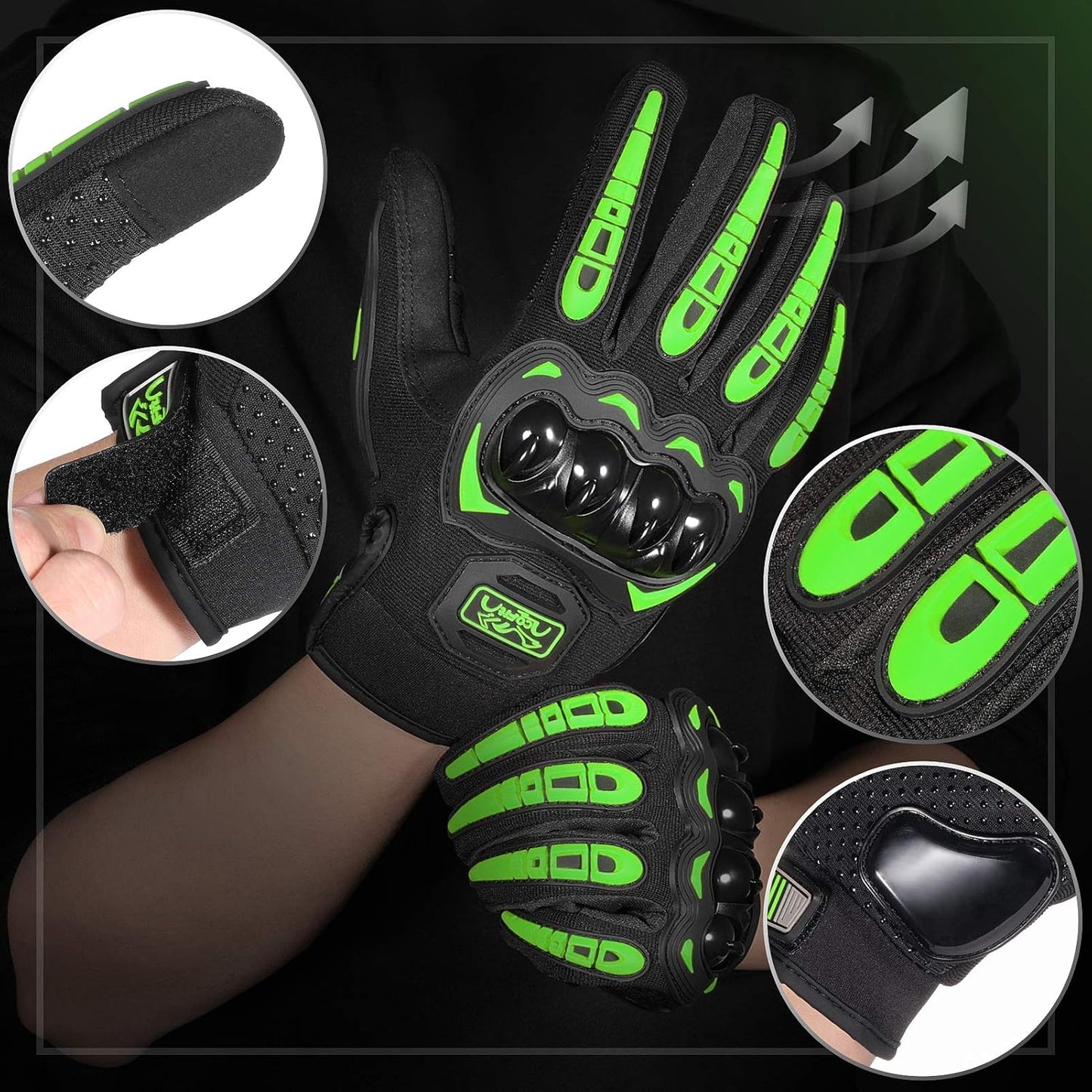 COFIT Motorcycle Gloves Breathable, Touchscreen Motorbike Gloves Anti-Slip with Good Grip Hard Knuckles Protection for Men Women Motocross, BMX ATV MTB Cycling, Road Racing - Green M