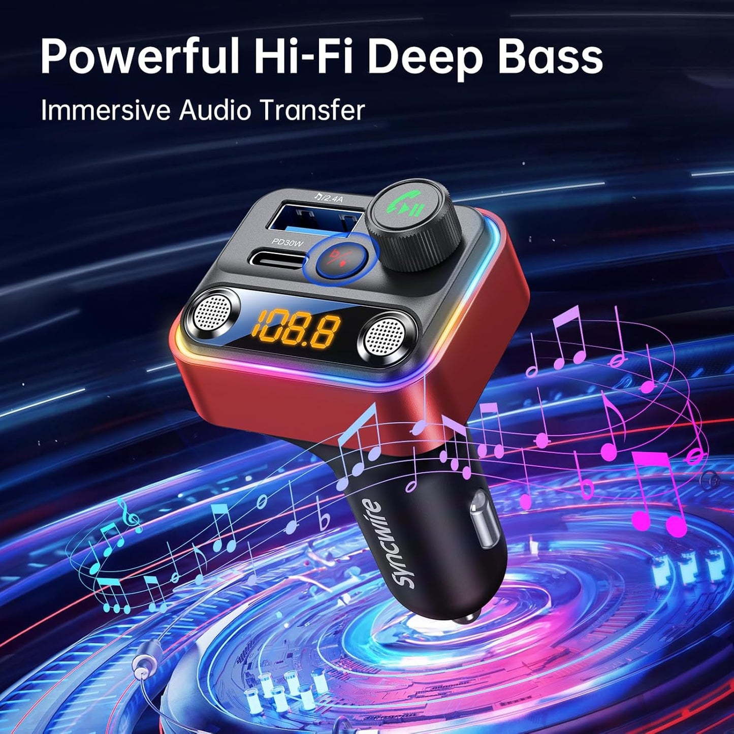 Syncwire Bluetooth 5.4 FM Transmitter Car Adapter 42W [Light Switch] [Stronger Dual Mics] [HiFi Deep Bass] [Fast Charging] Wireless FM Radio Music Adapter Hands-Free Calling Support USB Drive, Red