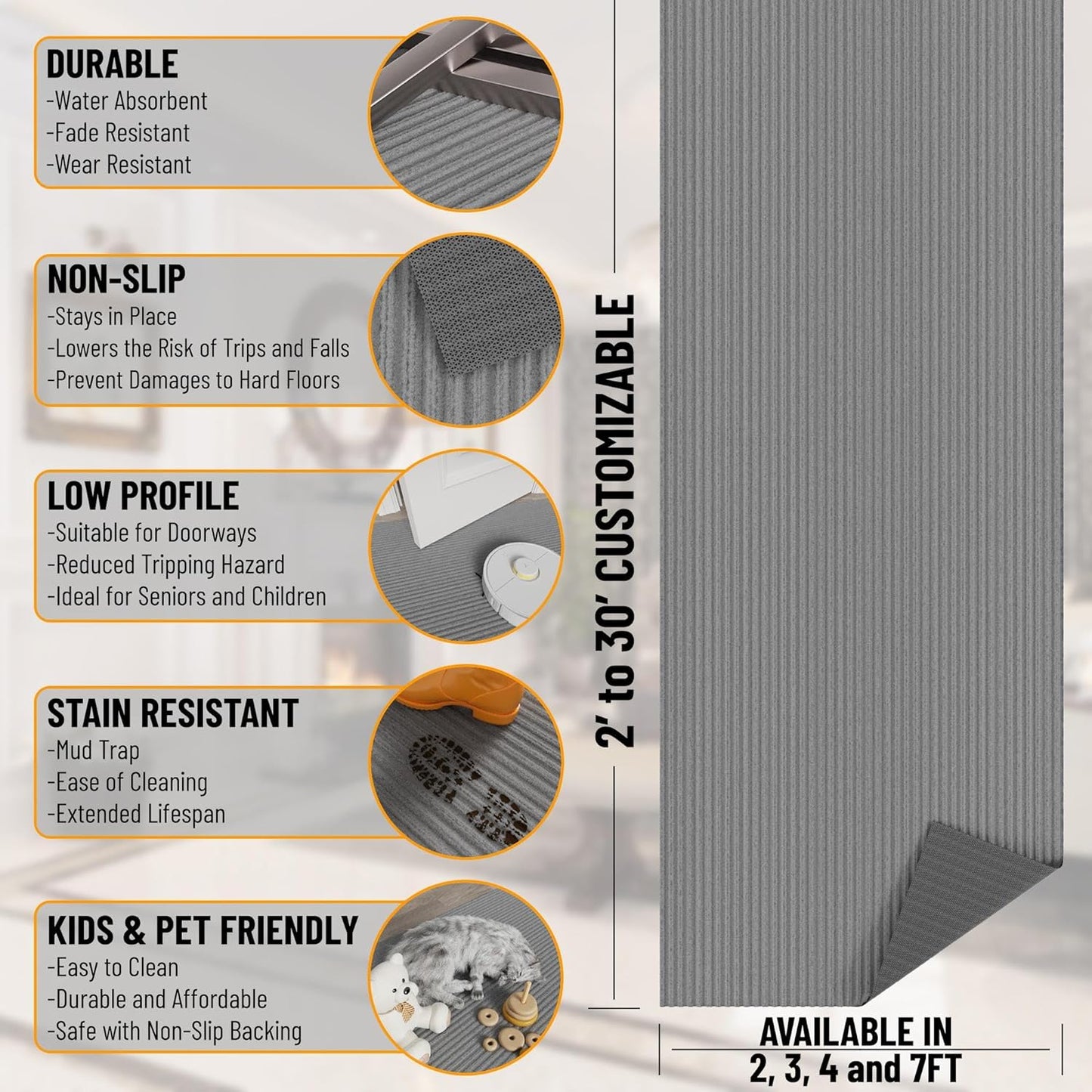 Ottomanson 6'6" x 10' Mud Mat Area Rug Scraper Carpet - Non-Slip, Dirt Trapping for Indoor & Outdoor Use - Ideal for Entryway, Garage, Kitchen, Patio & High-Traffic Areas, Gray