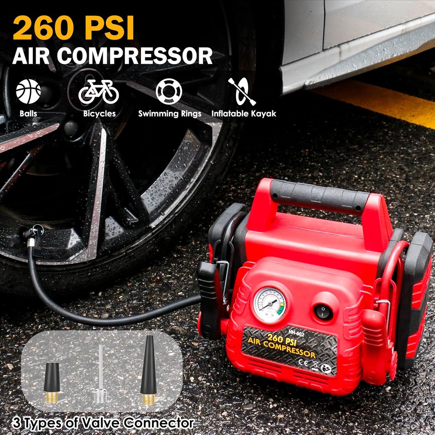 Car Battery Jump Starter-1000Amp 12V Lead-Acid Battery Jump Box with 260PSI Air Compressor, 10000 mAh Portable Power Station, Jump Pack for Vehicles Up to 5L Gas or Diesel