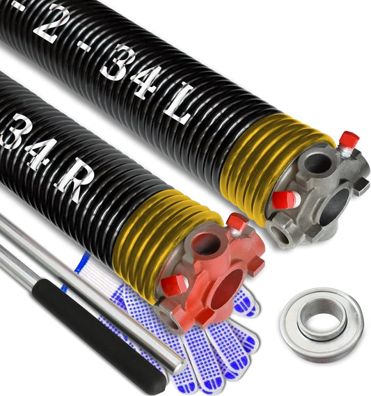 Garage Door Torsion Spring Set, Pair of 2" Electrophoresis Coated Garage Door Spring Replacement with 2 Non-Slip Winding Bars and Bearing, Minimum 16000 Cycles (.250x2x34")