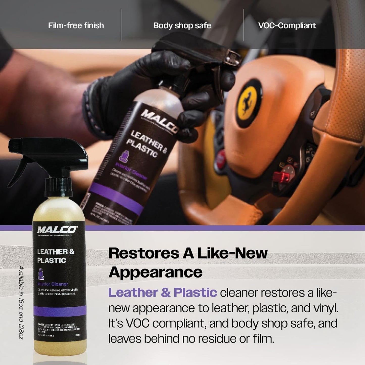 Malco Leather & Plastic Cleaner – Penetrates Deep to Remove Dirt, Grime and Oily Soils/Restores Leather, Plastic and Vinyl/Leaves Surfaces Clean, Shiny and Film-Free / 16 Oz. (100116)