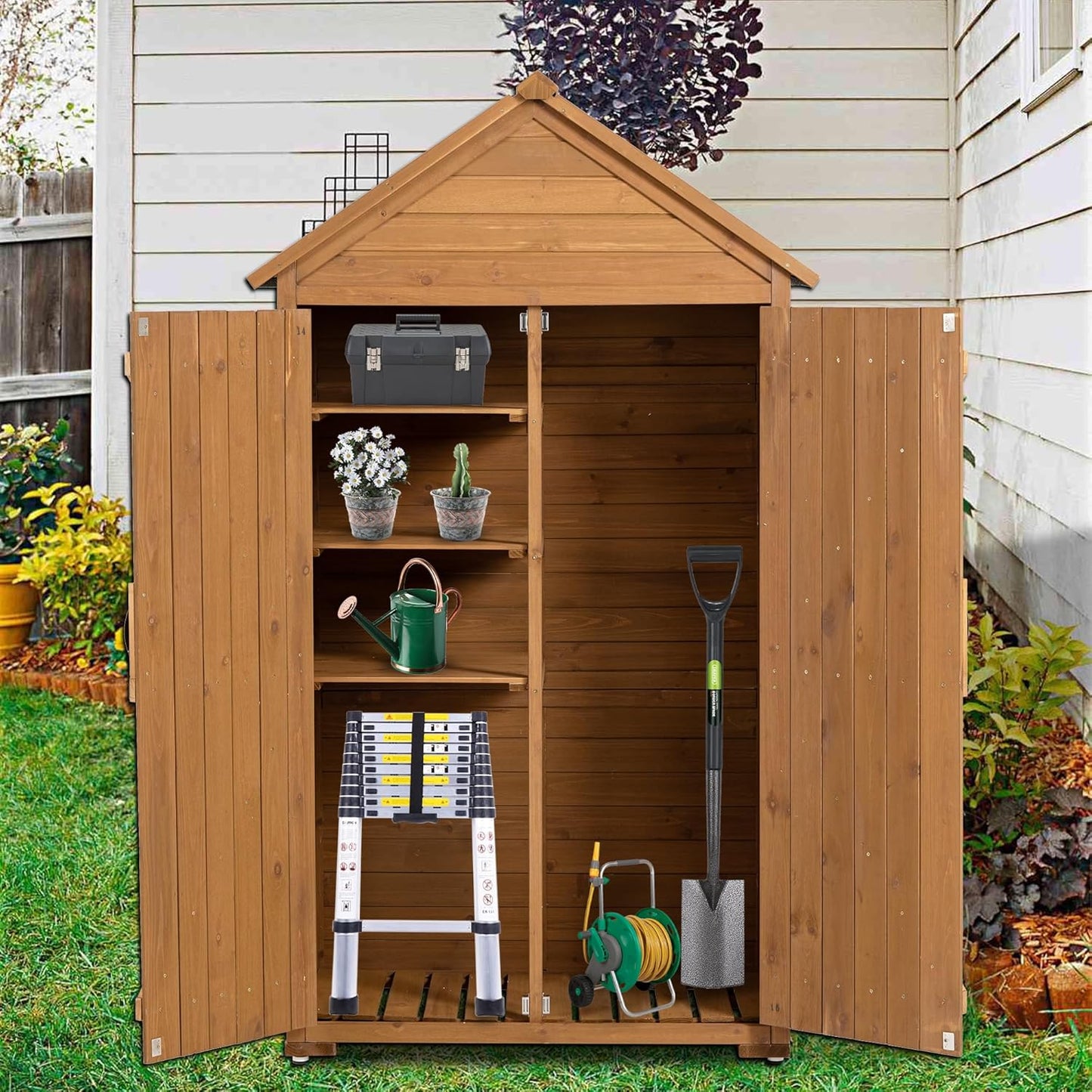 39.56"x 22.04"x 68.89" Outdoor Storage Cabinet with Removable Shelves, Waterproof Roof, and Adjustable Feet - Fir Wood Garden Tool Shed for Yard, Patio, Deck, and Garage,Yellow Brown