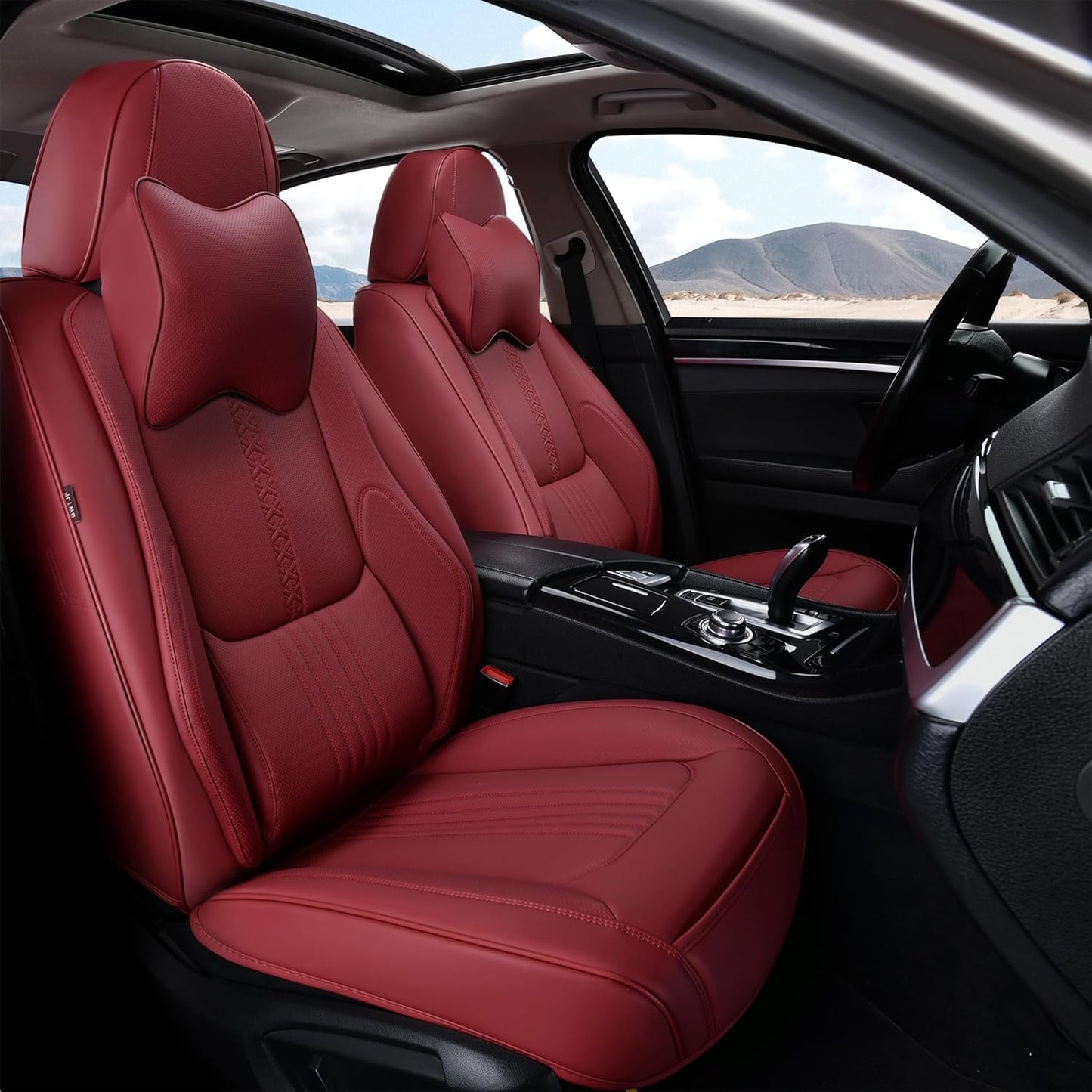 Front Seat Covers, 2 Pieces Universal Seat Covers for Cars, Waterproof Leather Auto Seat Protectors with Head Pillow, Car Seat Cushions Fit for Most Sedans SUV Pick-up Truck, Wine Red