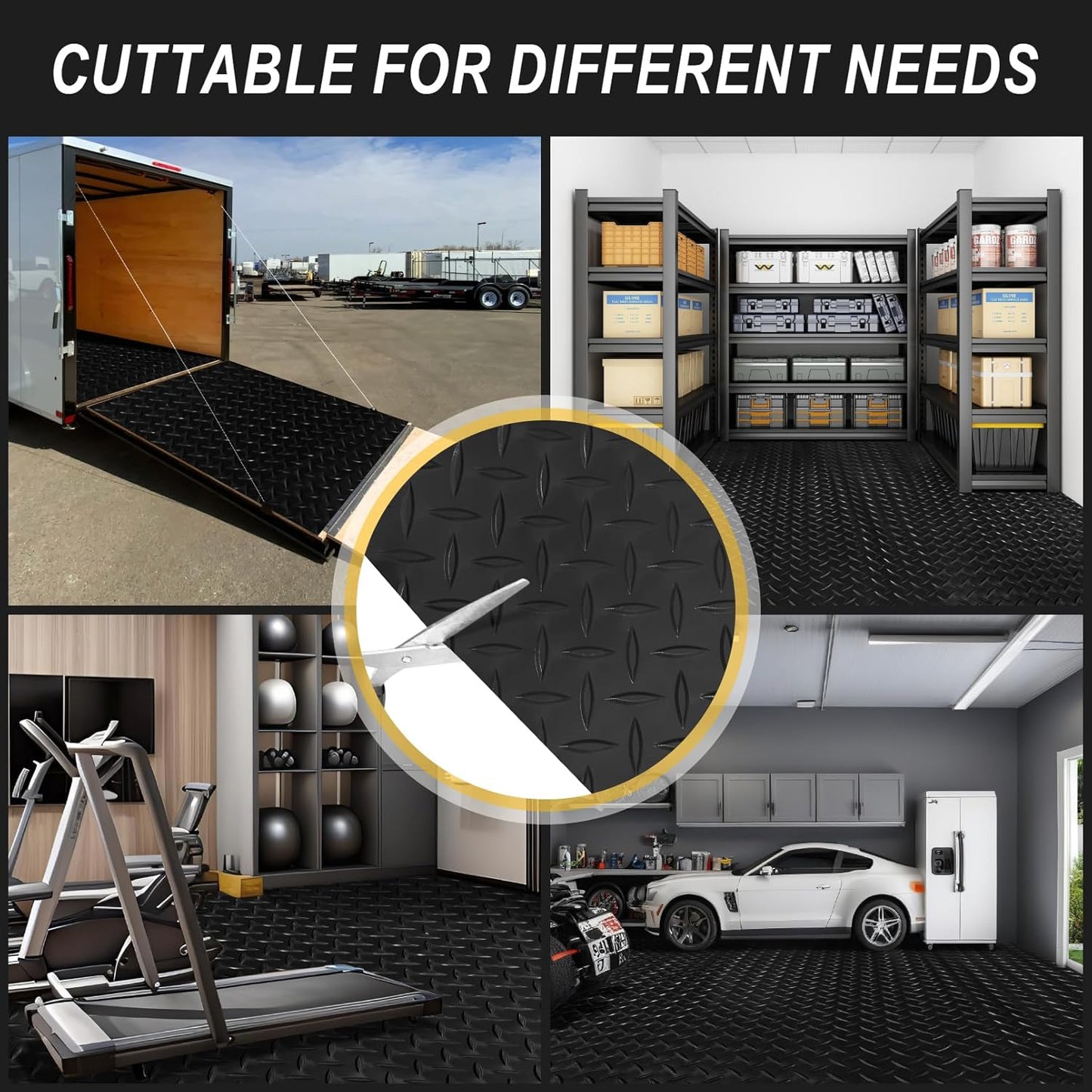 4x10FT Garage Floor Mat, 2.8mm Thickened Flooring Roll for Under Car, Golf Cart Parking Mat, Diamond Plate PVC Rubber Motorcycle Mat, Non-Slip Floor Protector for Garage Warehouse Trailer, Black