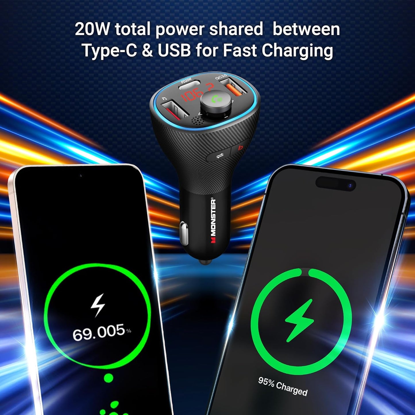 Monster Bluetooth FM Transmitter for Car Cigarette Lighter with 20W QC3.0 USB A & USB C PD Charger, Bass Boost Button, Flash Drive Port, Google Voice & Siri Compatible, Hands-Free Calls, Microphone