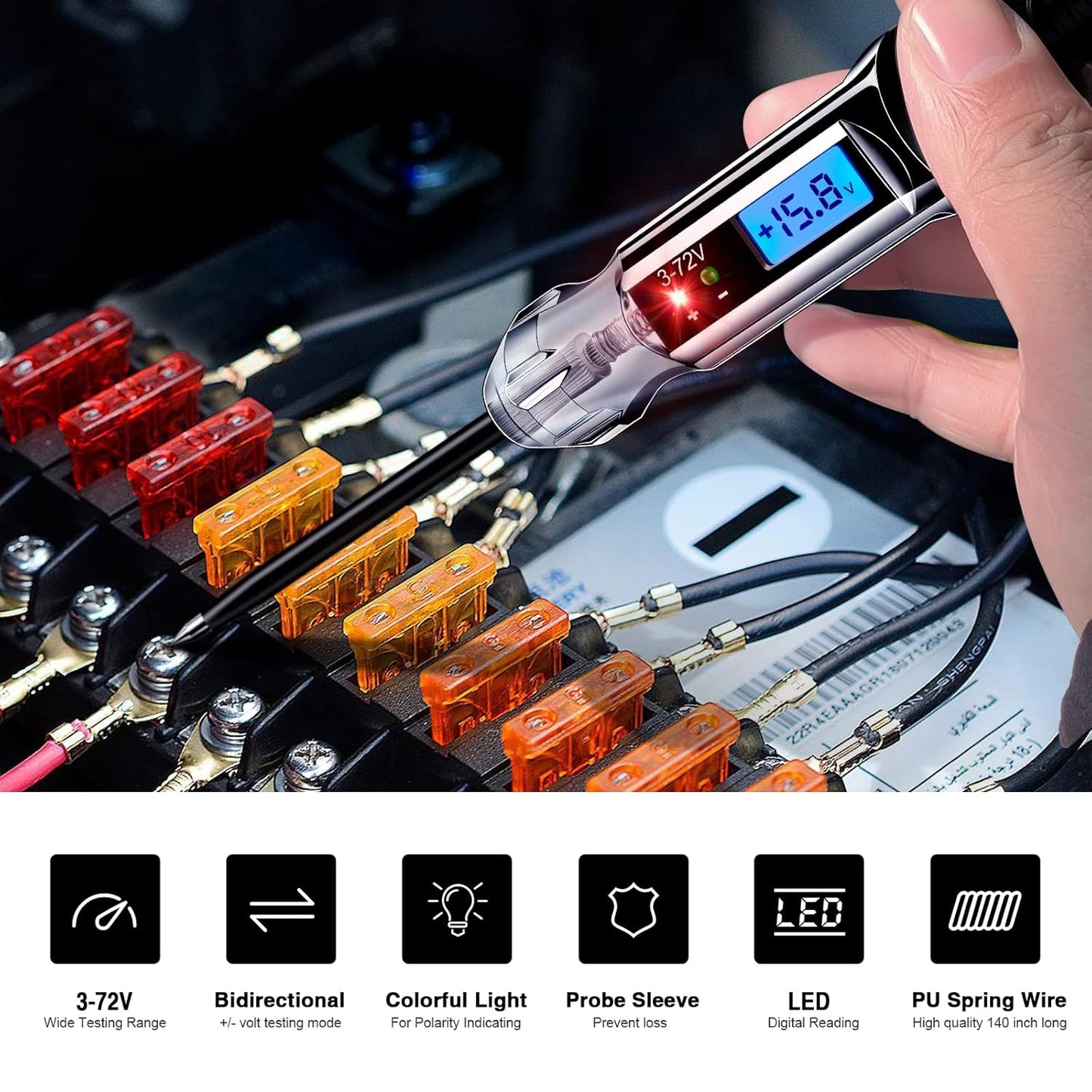 Heavy Duty 3-72V Backlit Digital LCD Circuit Tester, Automotive Test Light with 140 Inch Extended Wire and 2 Polarity Indicate LED Lights, Car Truck Low DC Voltage & Light Tester with Stainless Probe