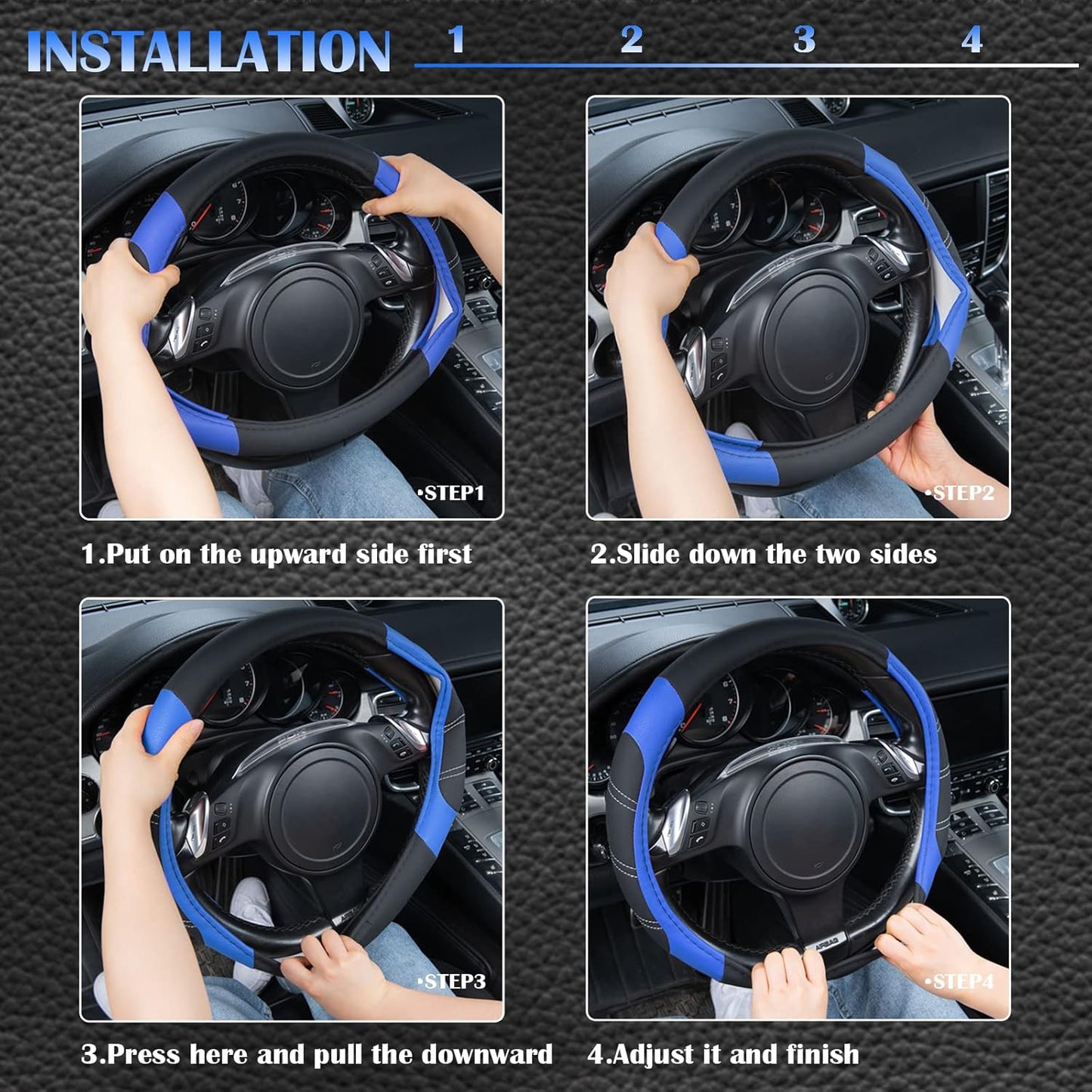CAR PASS Line Rider Microfiber 15.5-16 Inch Leather Sporty Steering Wheel Cover Universal Fits for Truck SUV Cars Pick up, Anti-Slip Safety Comfortable Design (Black and Blue)
