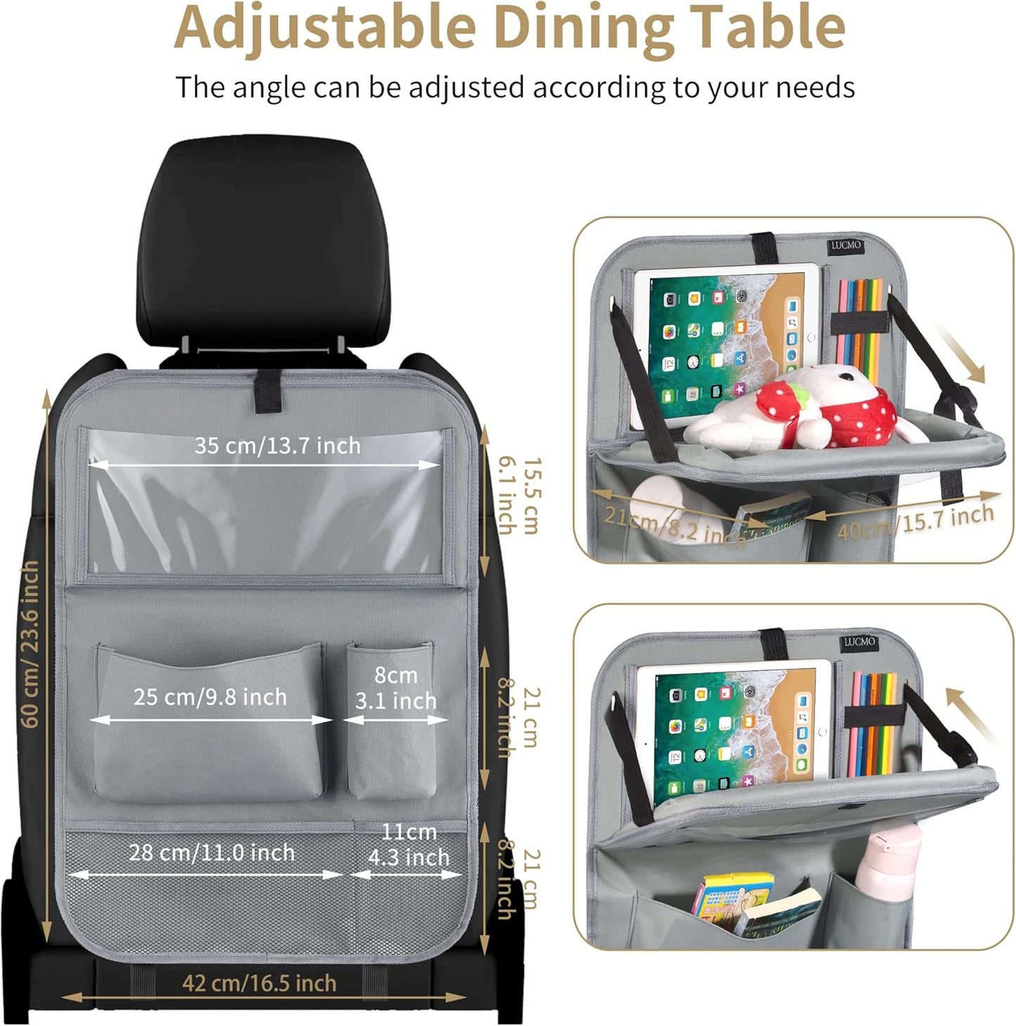 LUCMO Car Backseat Organizer with Tablet Holder,6 Storage Pockets Car Storage Organizer with Foldable Food Tray,Protectors Kick Mats Travel Accessories-Grey